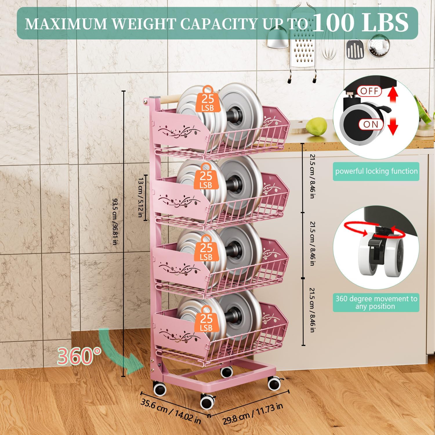 Heavy 4-Tier Snack Cart with Wheels ，Removable Rolling Pantry Floor Organizers ，Upgraded Wider and Thicker, Kitchen Fruit Basket Stand and Storage Rack for Fruit Snack Onion Potato, (Pink)