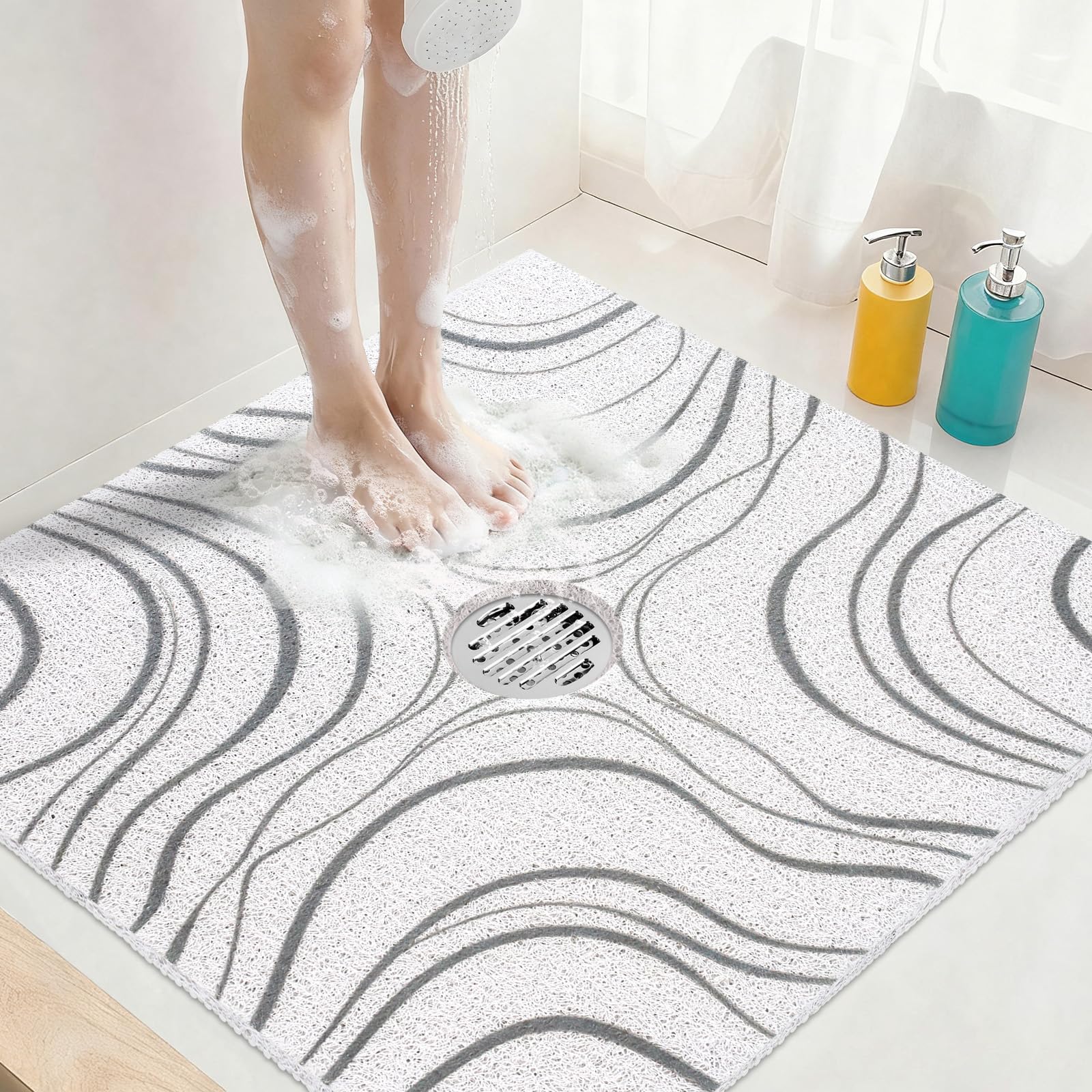 Square Shower Mat Non Slip: 24x24 Inch Extra Large Shower Mats for Inside Shower, Non Slip Shower Mat with Drain Hole in Middle- Anti Slip Shower Floor Mat, Loofah Shower Stall Mats for Elderly