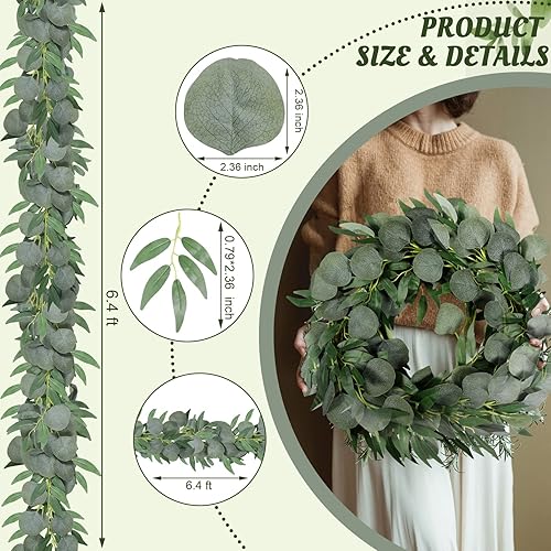 Miniatura 2 de Paquete de 10 guirnaldas artificiales de eucalipto con hojas de sauce de 6.4 pies de vegetación artificial de vid con estampado de dólar de plata