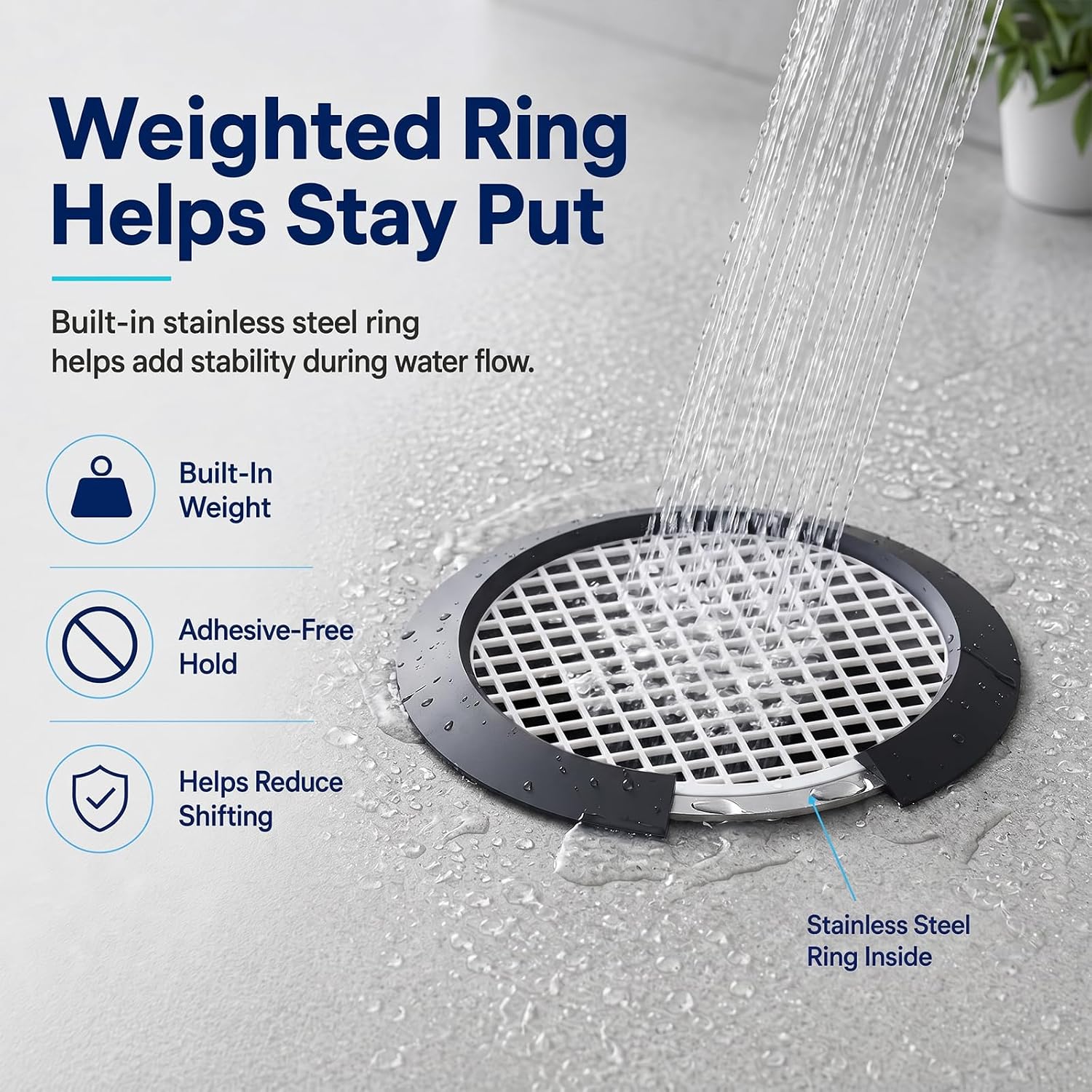 35 Pack Disposable Shower Drain Hair Catcher with Weighted Silicone Ring | Adhesive-free 3.84 in mesh nets for flat shower, tub and floor drains, designed to help hold the cover securely in place