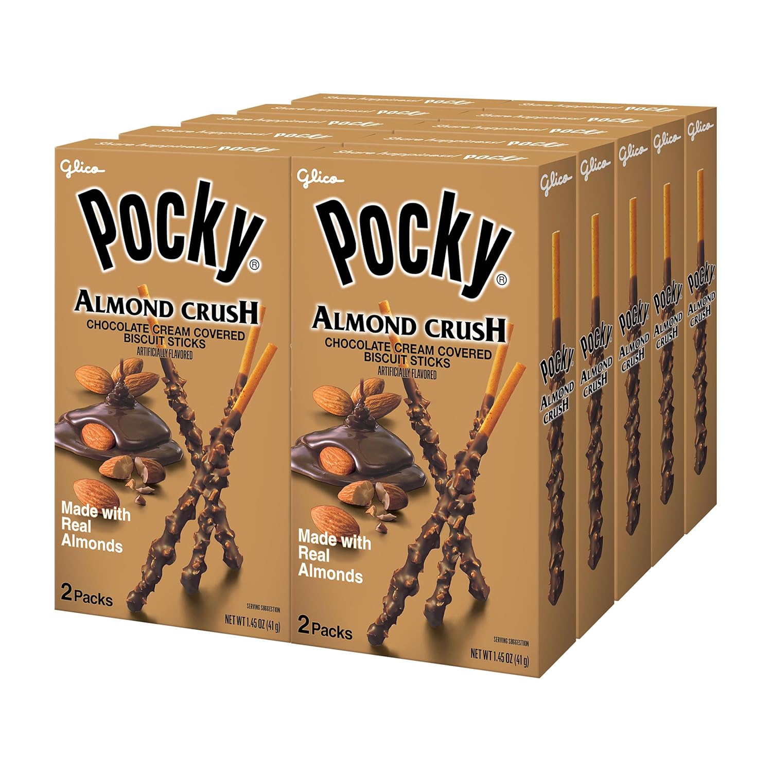Pocky Almond Crush Biscuit Sticks – Chocolate Cream Covered with Real Almonds – (Pack of 10 boxes, 1.45 oz/each)