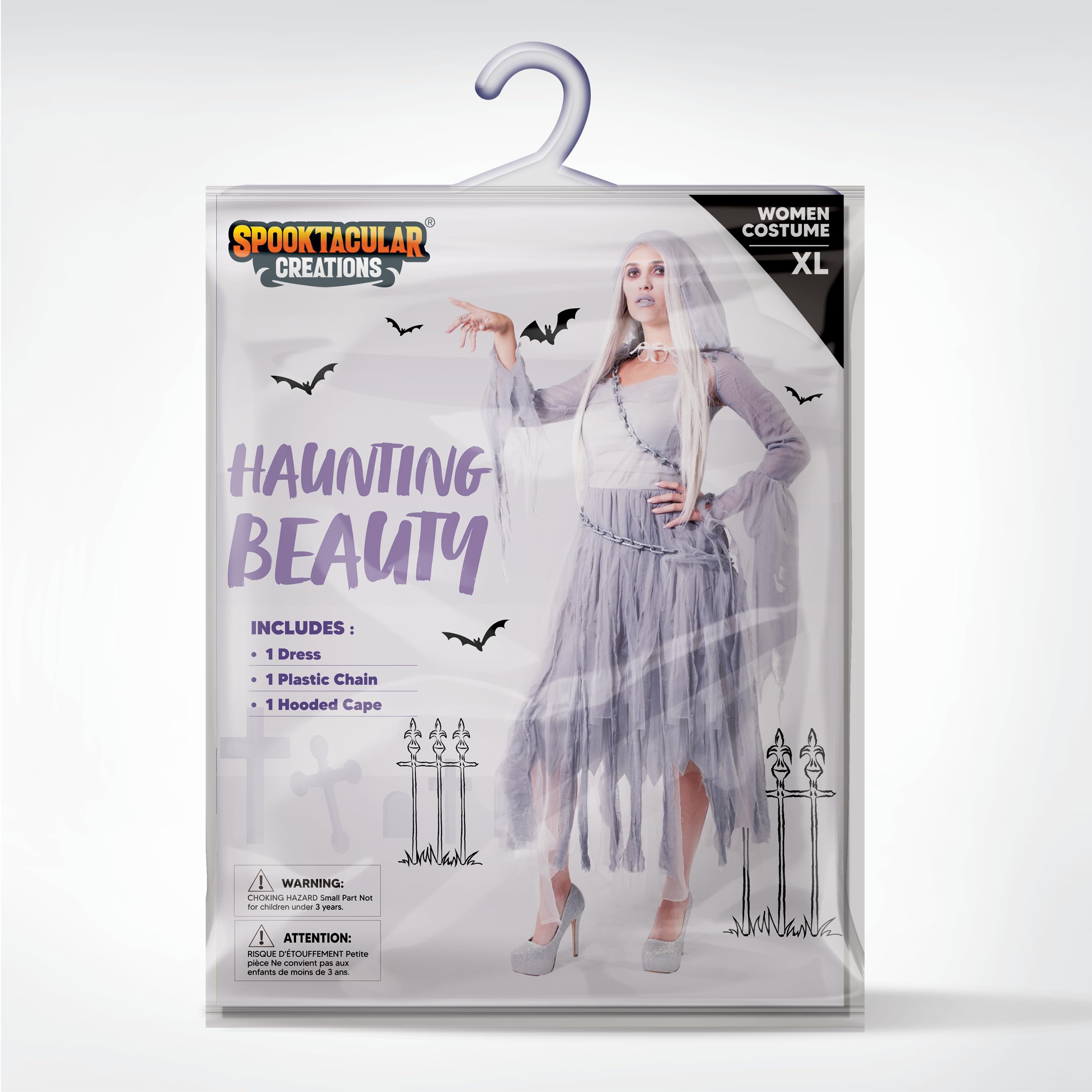 Spooktacular Creations Damski kostium ducha z plastikowym łańcuszkiem, peleryna z kapturem dla dorosłych