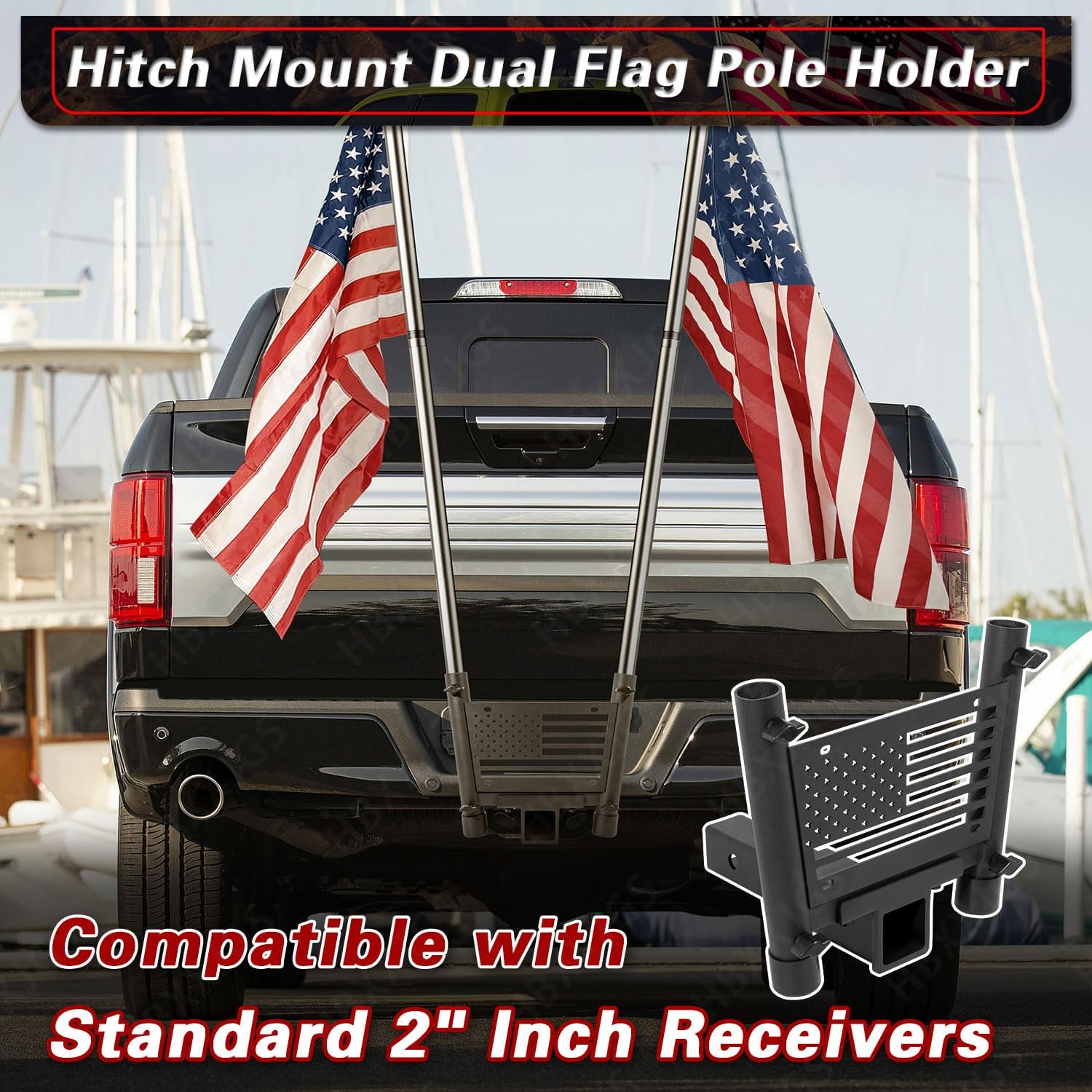 dual hitch flag pole holder for 2" receivers with anti-wobble screw double hitch mount hitch mount flagpole holder compatible with trucks suv rv pickup camper trailer
