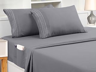 Utopia Bedding Queen Sheet Set – Soft Microfiber 4 Piece Luxury Bed Sheets with Deep Pockets - Embroidered Pillow Cases - Side Storage Pocket Fitted Sheet - Flat Sheet (Grey)