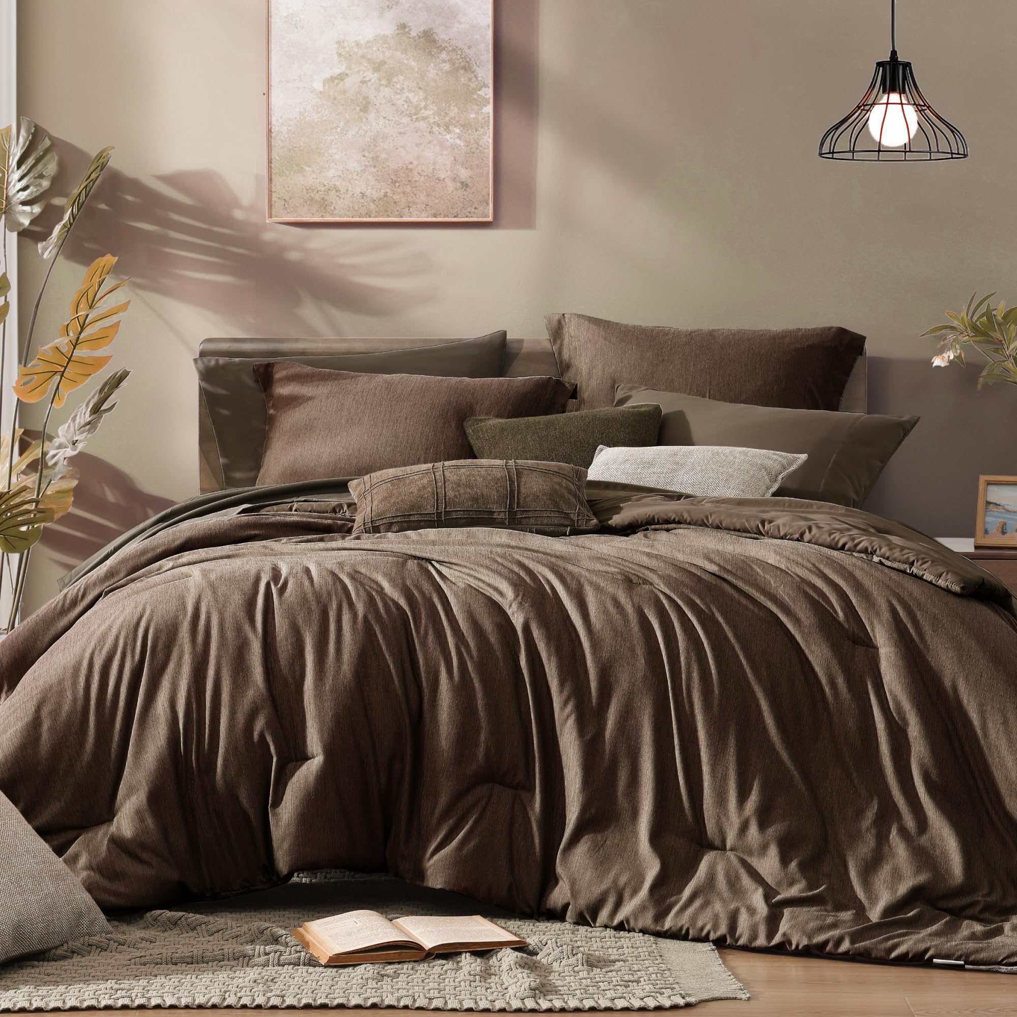 Photo 1 of Monbix King Size Comforter Set, Chocolate Brown King Bedding Set Reversible, King Comforter Set 7 Pieces, Cationic Dyeing Bed in a Bag with Comforter, Sheets, Pillowcases & Shams