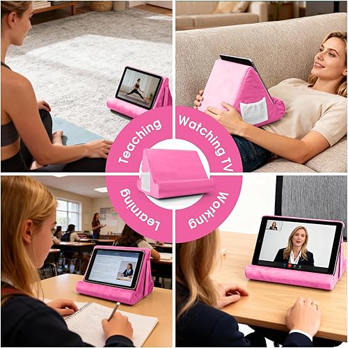 Miniatura 8 de Soporte universal para tableta multiángulo, soporte de almohadilla suave con bolsillo de red y soportes para teléfono para regazo, rodilla, sofá y