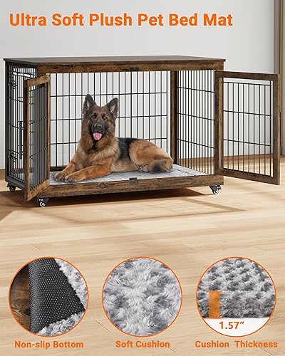 Miniatura 4 de Mueble de jaula para perros con cojín, perrera de madera para interiores con puertas dobles, jaula para perros con ruedas, mesa auxiliar de casa