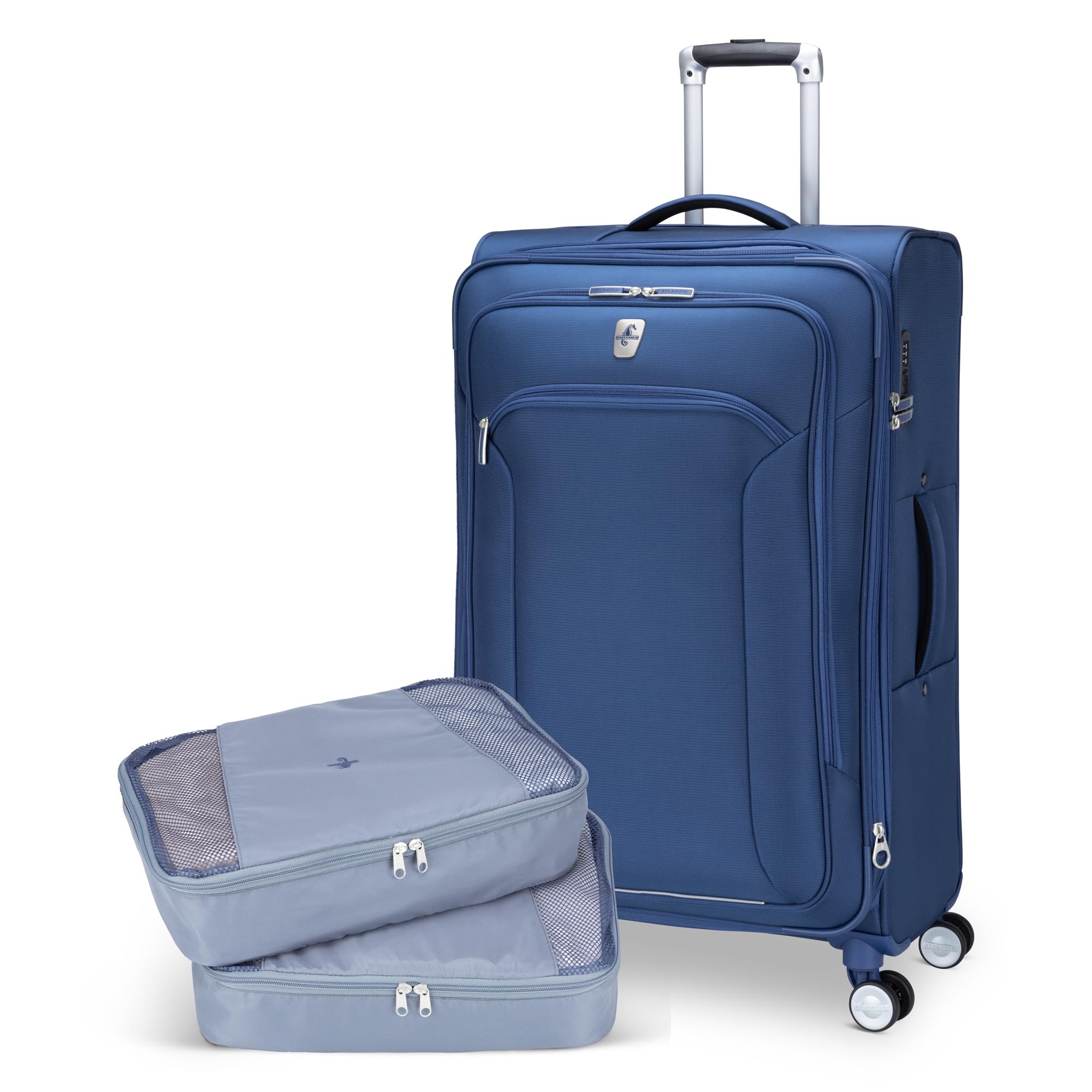 Atlantic Sailbound Softside Large Luggage – Durable Polyester Construction with 8 Spinner Wheels and Retractable Handle, Integrated TSA Lock, Expandable 1.5", Includes 2 Packing Cubes – True Navy