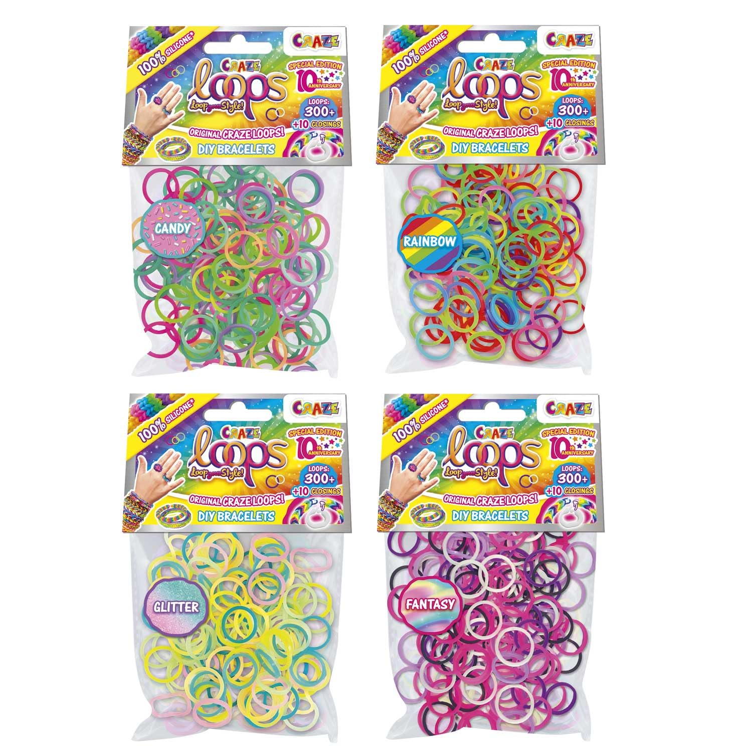 CRAZE loops Bundle 4 x 300 Loom Bands Refill Pack – 1200 Silicone Bands & 40 Closures, 4 Assorted Mixes, Loom Band Bracelet Making Kit Refill