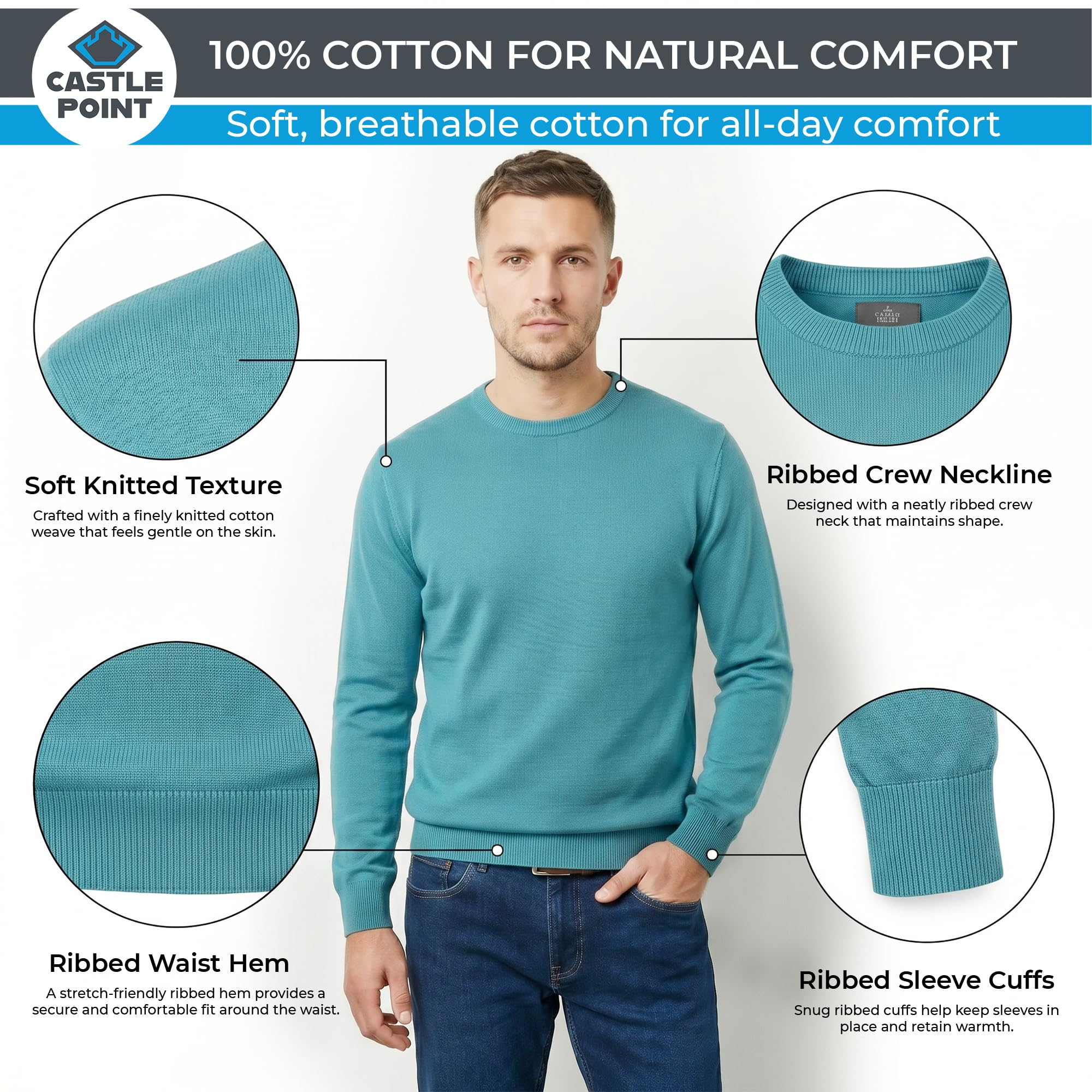 Castle Point Jersey Hombre 100% Algodón, Suéter de Punto con Cuello Redondo o en V, Ligero Clásico para Uso Diario y Estilo Casual