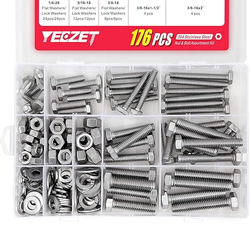 Kit surtido de tornillos y tuercas de alta resistencia de 176 piezas, acero inoxidable 304, incluye 9 tamaños más comunes (14-20, 516-18, 38-16)