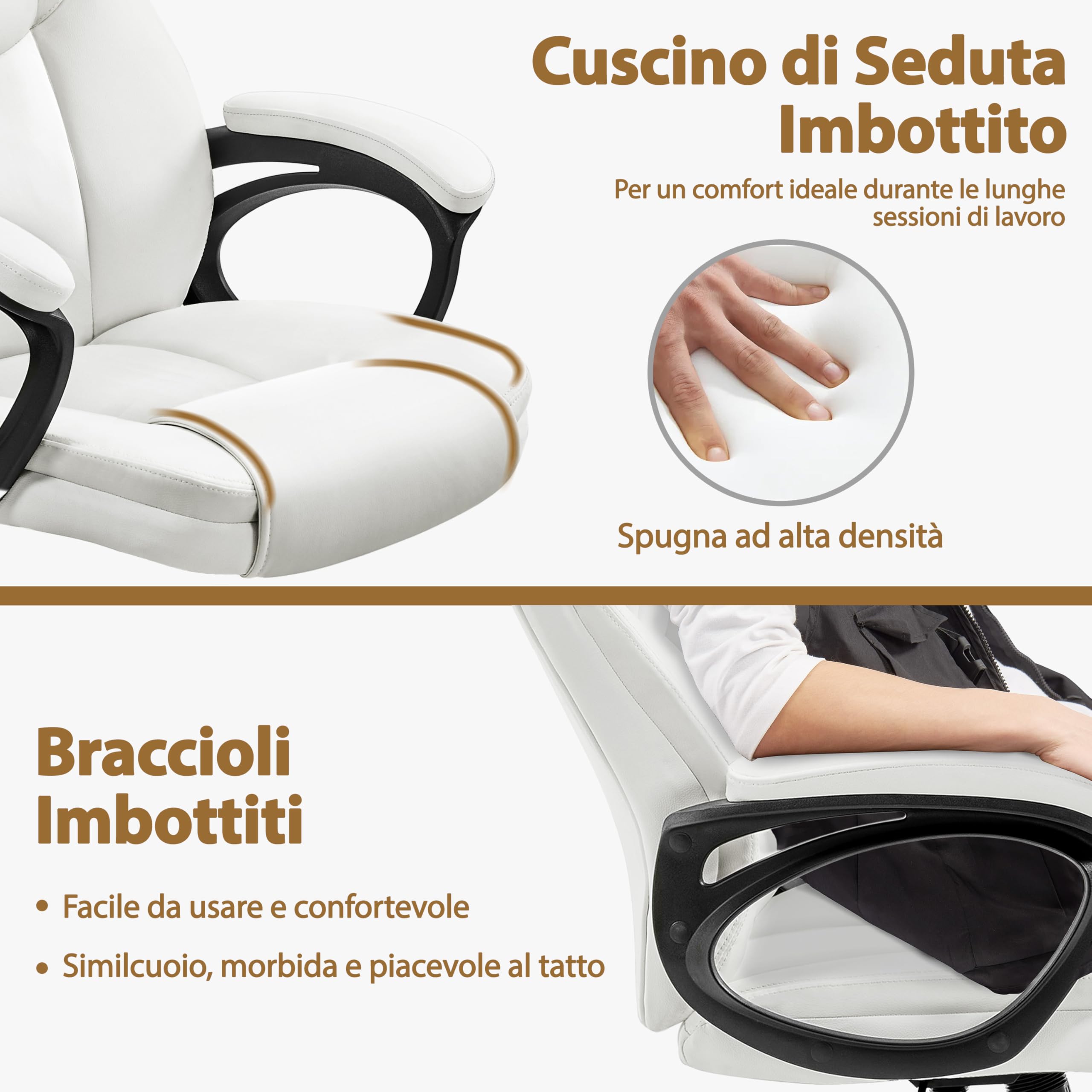 Yaheetech Poltrona Ufficio Ergonomica Presidenziale in Finta Pelle Bianca Imbottita Sedia da Scrivania a Rotelle Girevole Reclinabile a Dondolo Altezza Regolbile