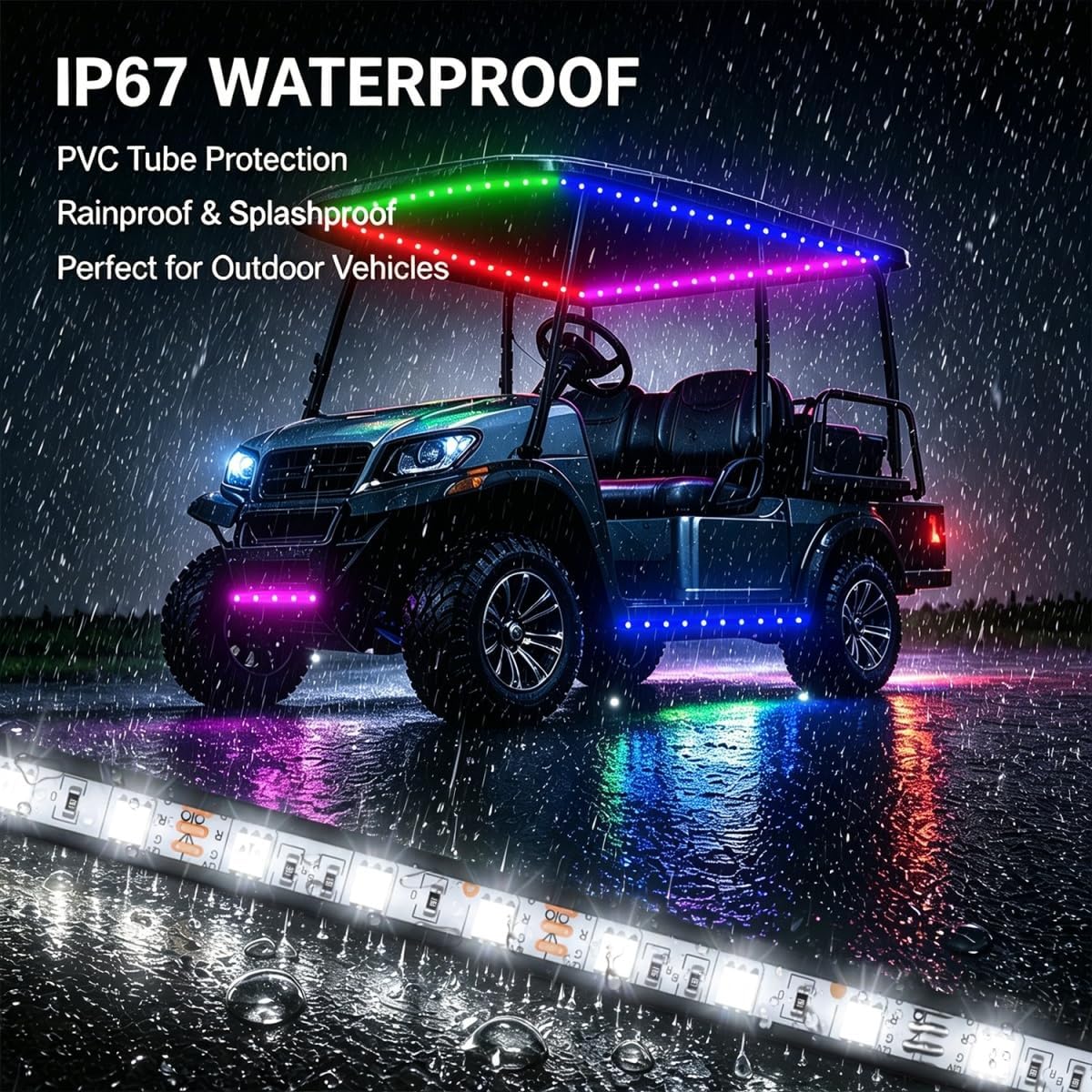12V RGB Led Strip Light with Remote, 4 Pcs 20" Super Bright Car Lights Strip IP67 Waterproof Golf Cart Underglow Lights for Motorcycles Interior Exterior Boat, Built-in Controller, Multi-Color