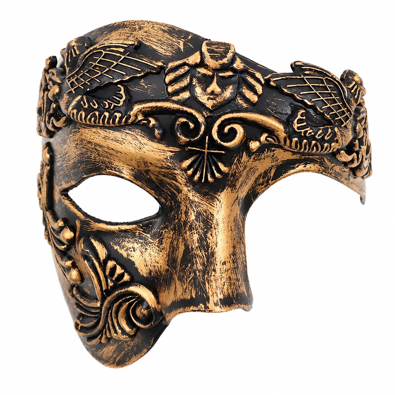 Hand-Painted Phantom Masquerade Mask, Vintage Black & Gold Half-Face