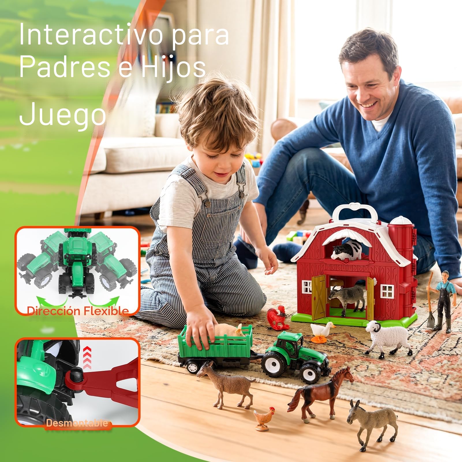 HappyKidsClub Juguete Granja Montessori Bebés 1-4 Años, Set Granja Interactiva - Granero Desplegable con 10 Animales y Granjero y camión - Juguete Educativo Seguro para Niños Bebés