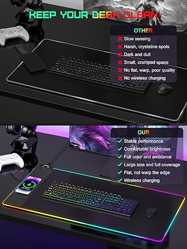 Miniatura 7 de TopMade - Alfombrilla de mouse con carga inalámbrica, tapete de escritorio grande de 31.5" x 15.75", alfombrilla de mouse para juegos RGB, tapete de