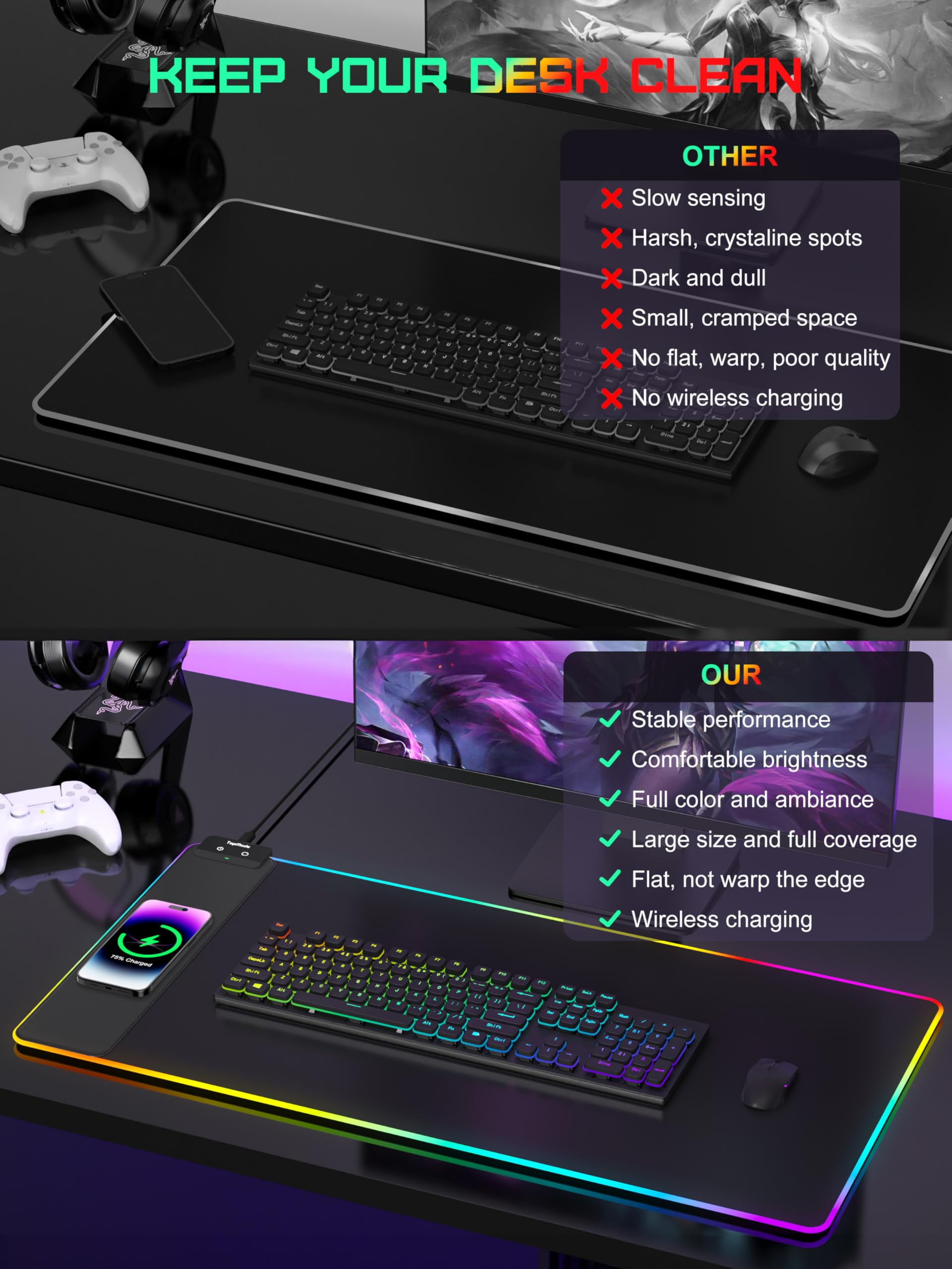 TopMade - Alfombrilla de mouse de carga inalámbrica, para juegos RGB, para oficina en casa, con 13 modos de luz, superficie ultra húmeda, base de goma antideslizante, alfombrilla de computadora para