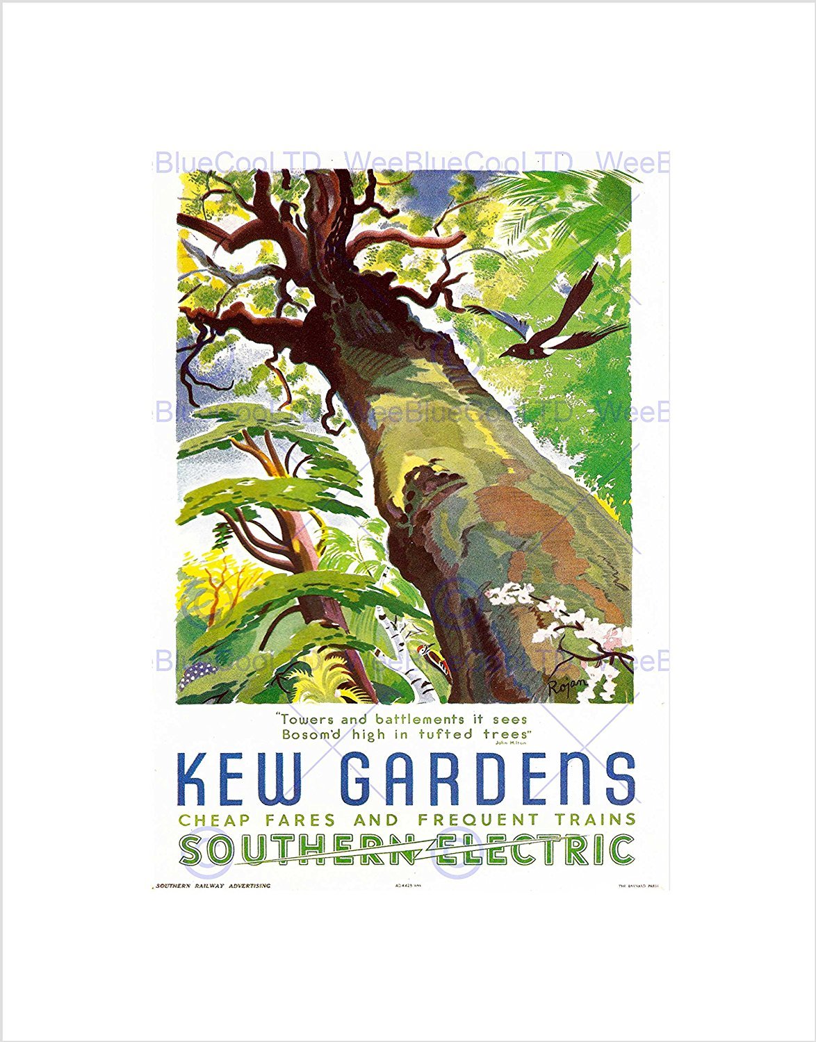 Wee Blue Coo Vintage Travel Kew Gardens Southern Electric Tree Bird Wall Art Print