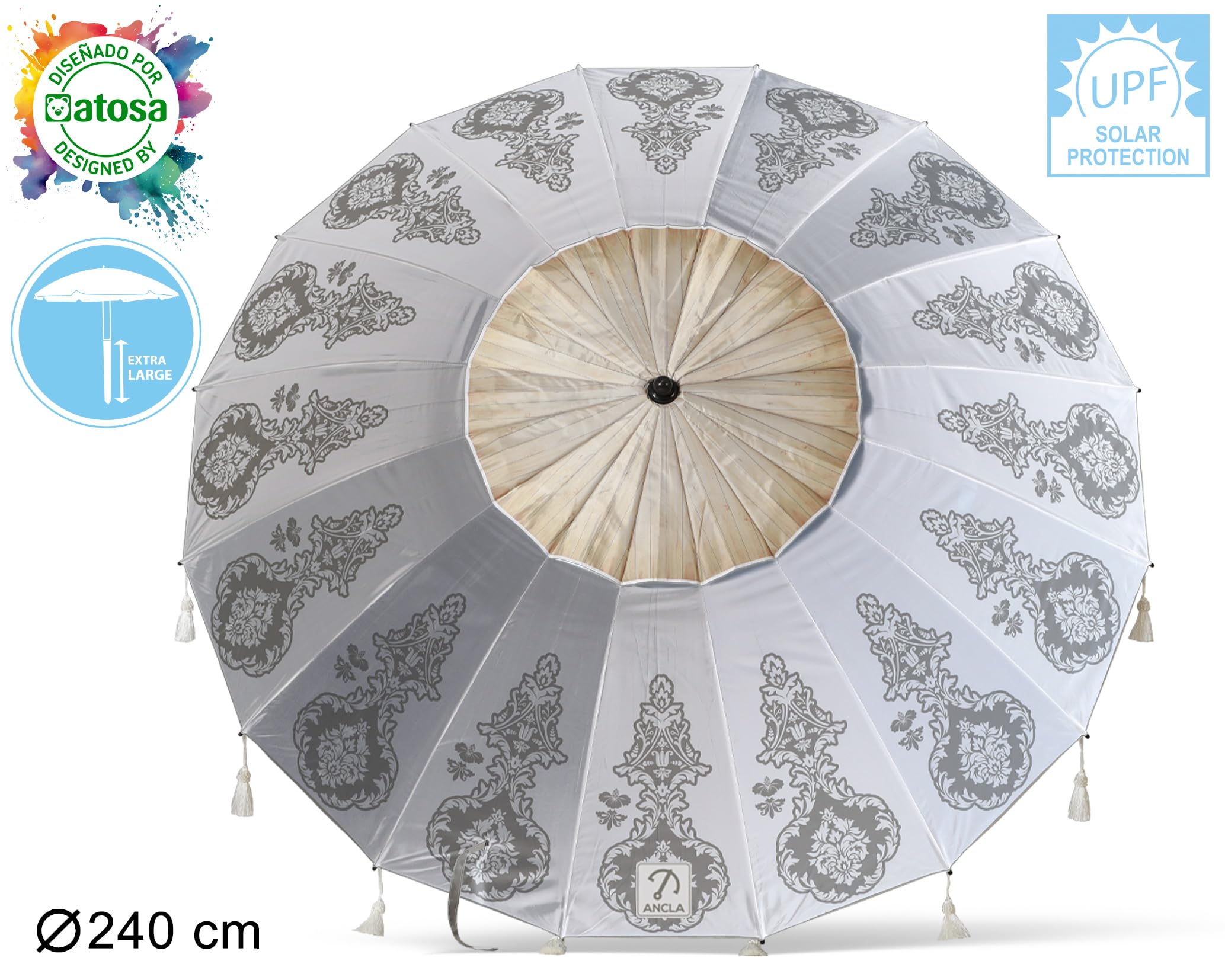 Atosa Strandschirm, Ø 180 bis 240 cm, aus Aluminium, Mandala-Design, LSF 50+, in den Farben Grau oder Weiß, weiß, 240 cm, Modell