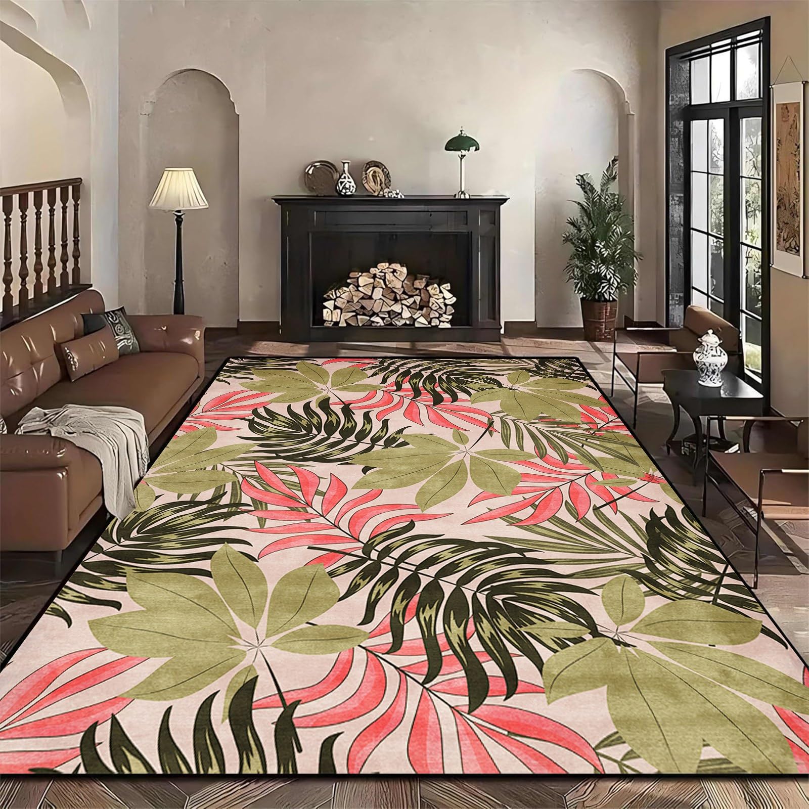 Vintage Leaf Rug, 140x200cm Red and Sage Palm Leaf Banana Leaves Tropical Hawaiian Style Decorative Rug, Modern Botanical Floral Machine Washable Carpet, Non-Slip Durable Rugs for Living Room Hallway — image 1