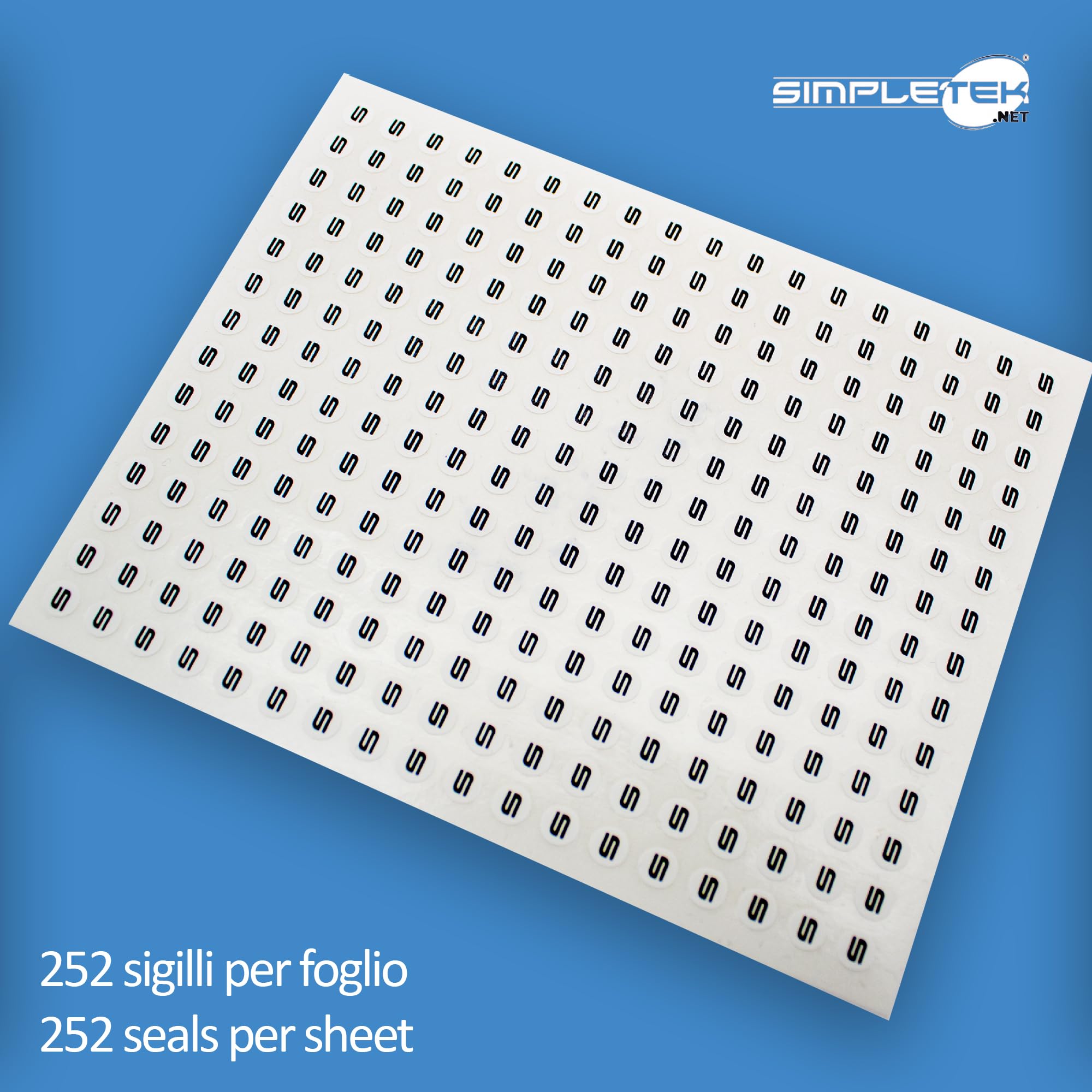 SIMPLETEK - Sigillo di Garanzia Antimanomissione Ø 5 mm con logo “S” Nero su Sfondo Bianco – 252 pezzi