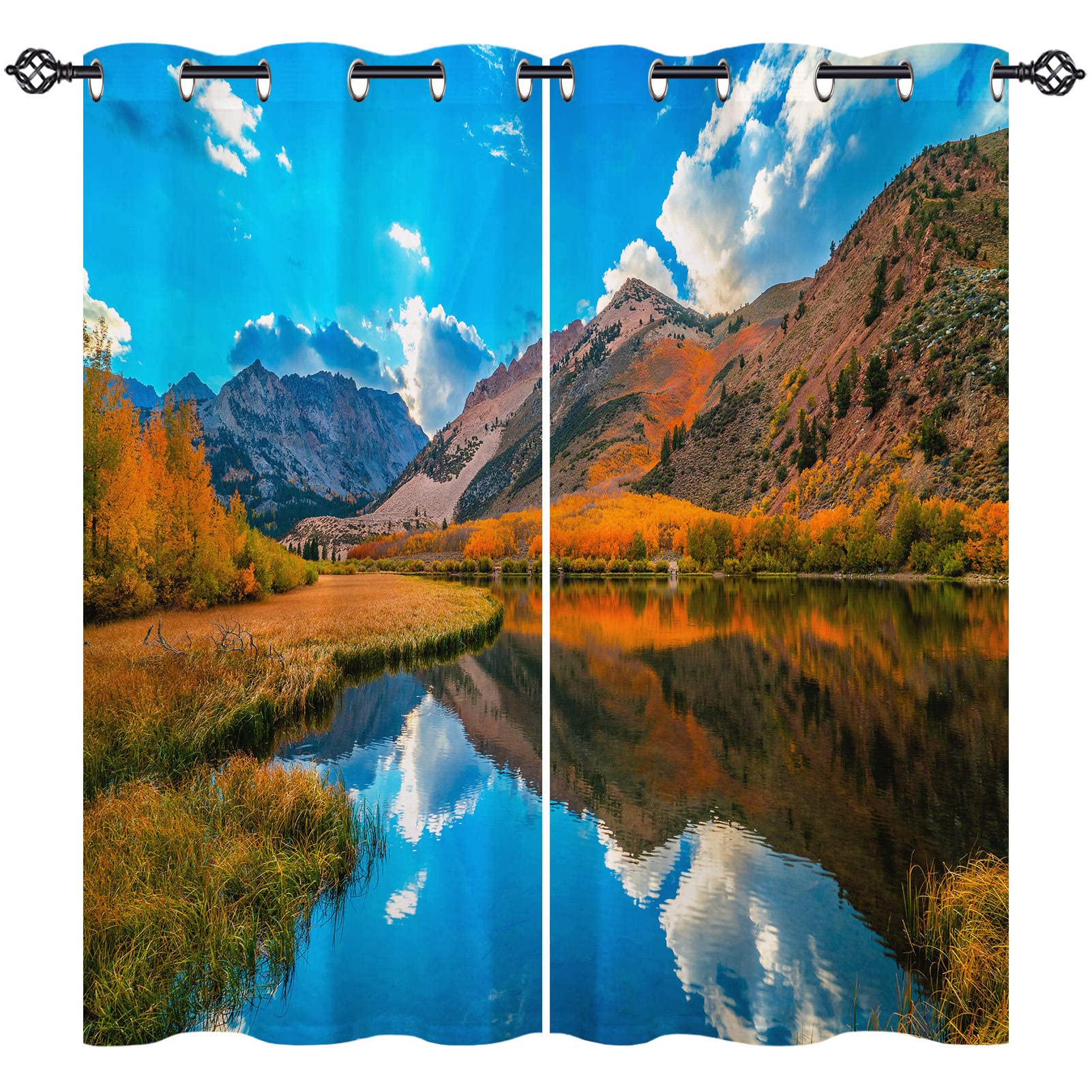 ANHOPE Nature Curtains Eyelet 80% Blackout Room Darkening Curtains Autumn Sunrise Forest Mountain Lake Print Pattern Light Blocking Window Drapes for Bedroom Living Room 46 x 54 Inch Drop 2 Panels โ image 1