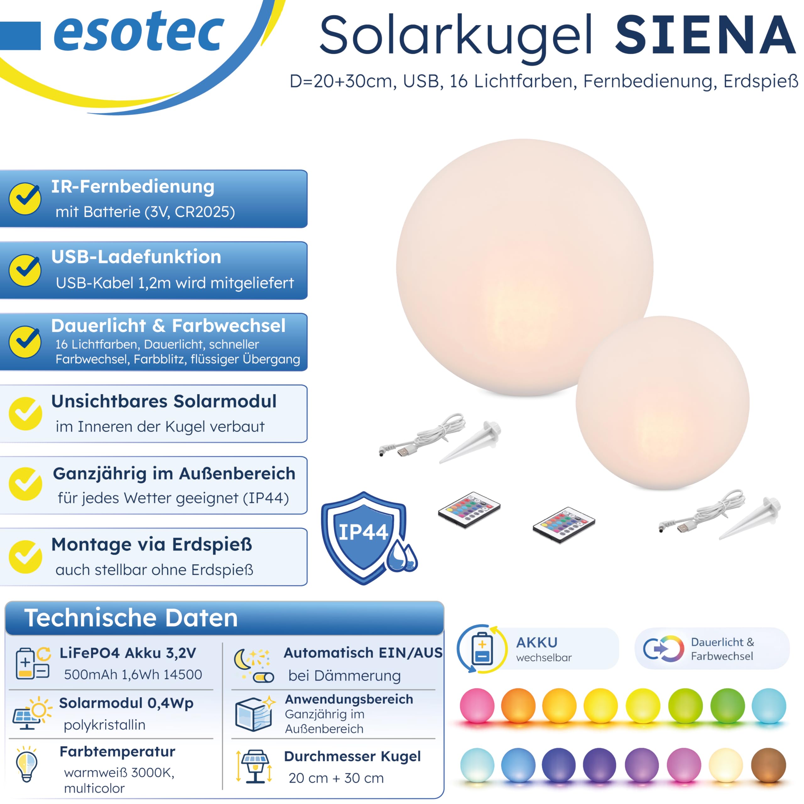 Esotec Solarkugeln Siena, 2er Set, multicolor, 20+30cm, Fernbedienung, USB, 16 Leuchtfarben, Akku, Solarmodul, Erdspieß, Solarleuchte, Kugelleuchte, außen, winterfest, wetterfest, 102894
