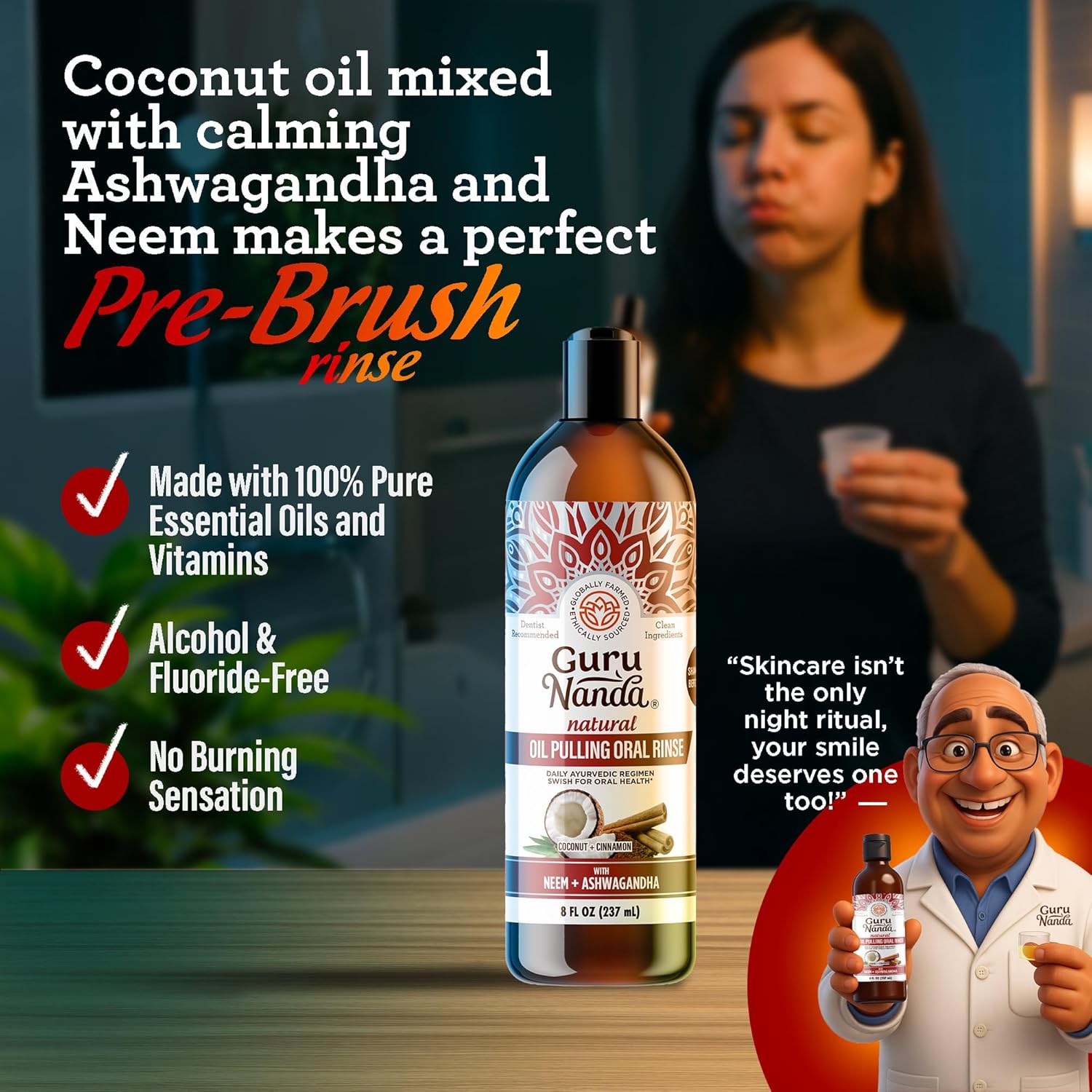 GuruNanda Cinnamon Oil Pulling Mouthwash, Promotes Calmness, with Neem & Ashwagandha for Fresh Breath & Happy Gums, Alcohol-Free, with Toothbrush & Tongue Scraper, 8 Oz - Image 2