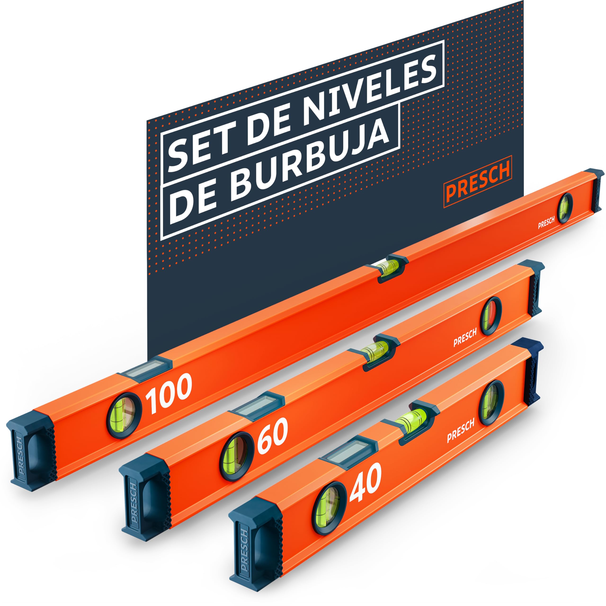 Presch Bubble Level Set 3 pcs. - 40 cm, 60 cm and 100 cm - Unbreakable ampoule with slope 2% - Vertical reading window - Innovative non-slip plugs
