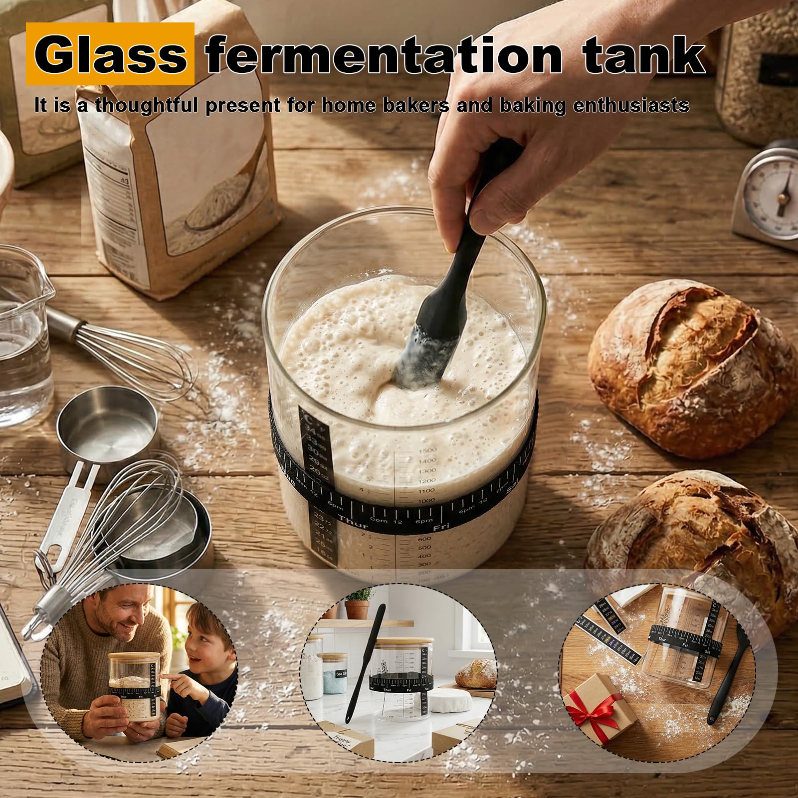 JUNFEIFLUX 2 Stück 1500ml Sauerteig Starter Set | Sauerteig Glas Breithals, Sourdough Starter Kit mit Bambusdeckel, Spatel und Thermometer für Brot Backen, Küche und Bäckerei