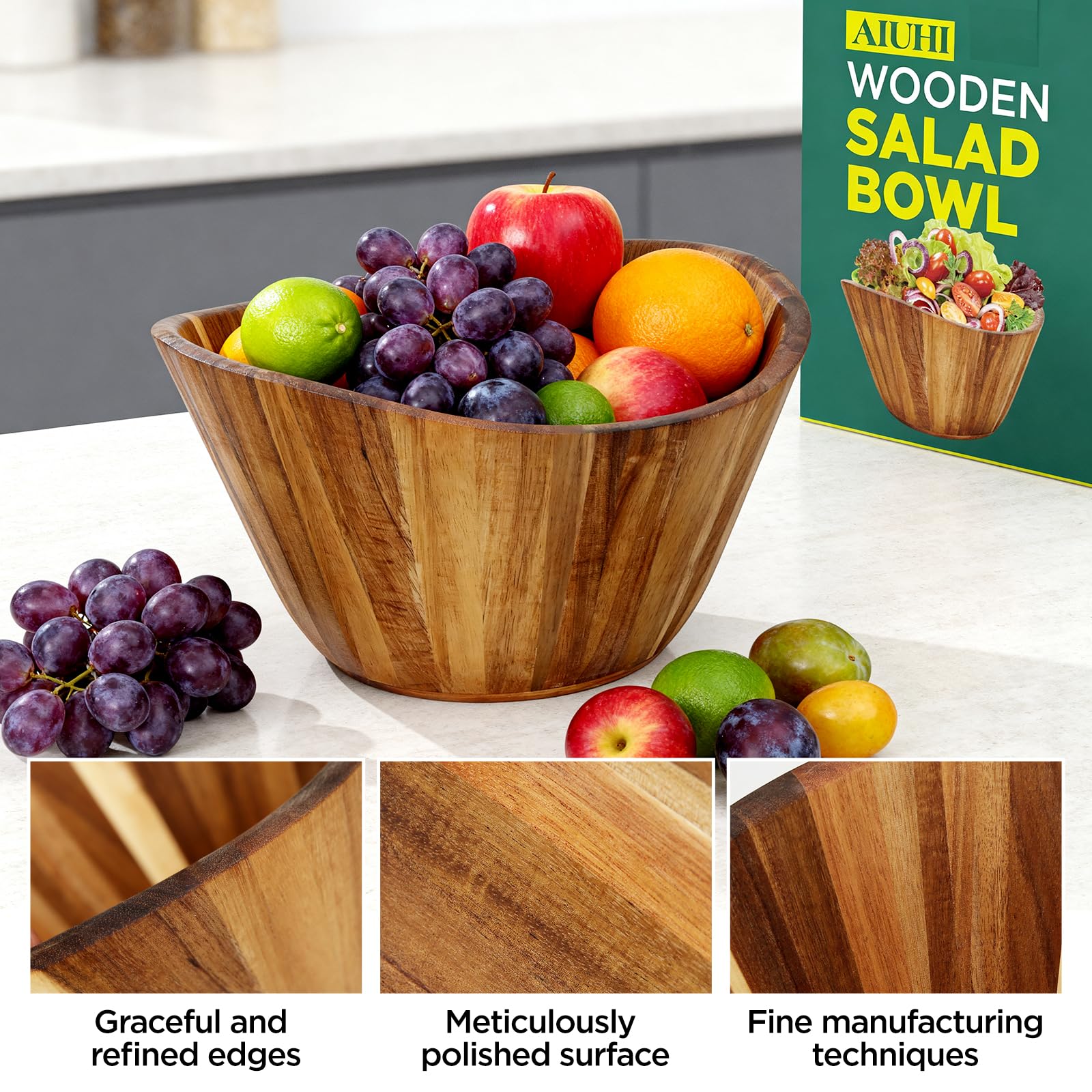AIUHI Cuenco de madera de acacia de 12 pulgadas, regalo de Navidad, impresionante grano, perfecto para reuniones de Navidad, Acción de Gracias, decorativo para cocina, ideal para ensaladas, aperitivos