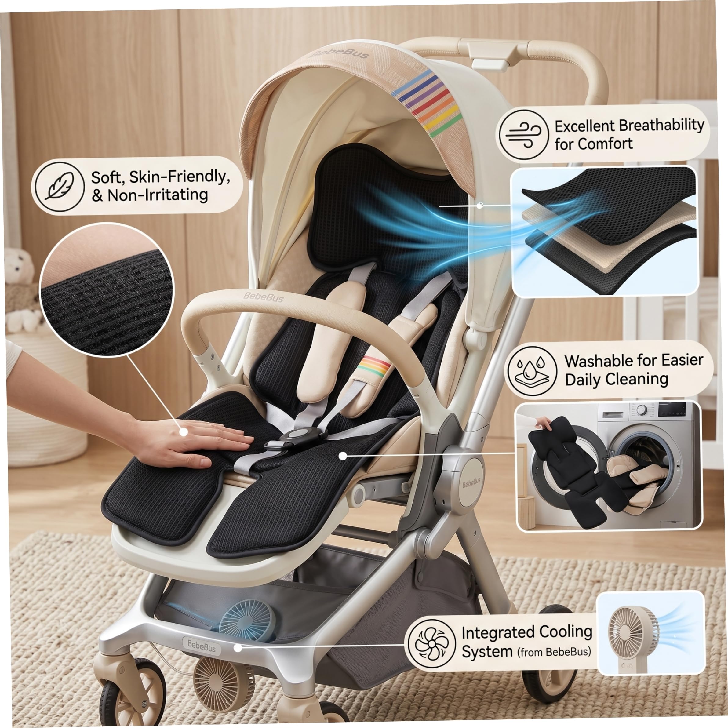 Tappetino di raffreddamento per passeggino, 32 × 15 pollici Tappetino di raffreddamento per bambini 3 velocità e 4 ventilatore incorporato Cuscino di ventilazione alimentato tramite USB Elementi