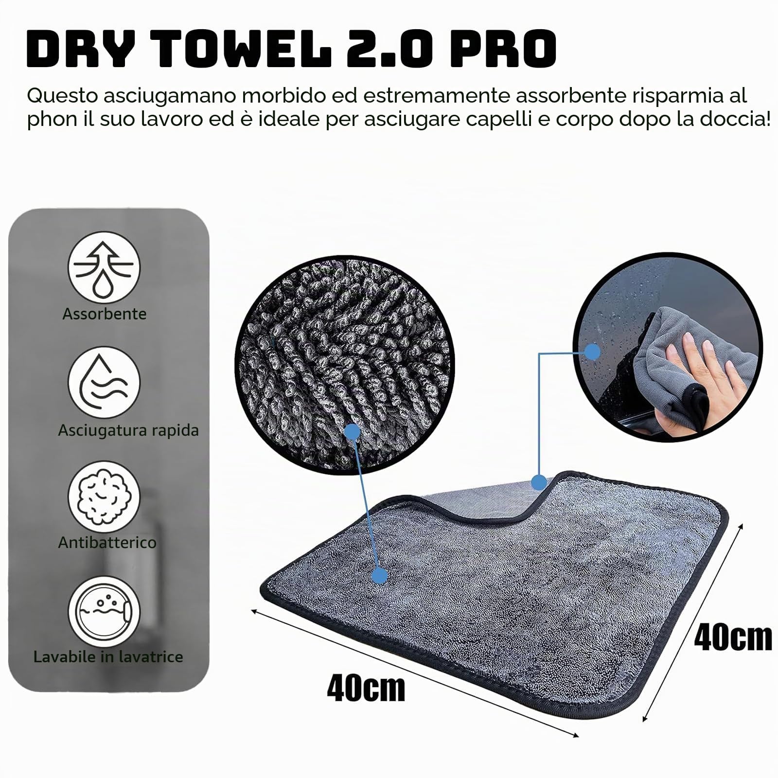 Panno XXL ultra-assorbente per Doccia, 3 pezzi 40x40 cm Panno Microfibra Auto Per Asciugatura E Pulizia Esterni per la casa, la doccia, l’auto