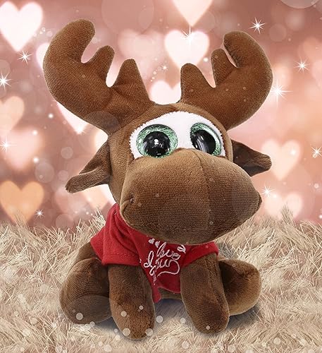 Miniatura 5 de DolliBu Peluche de alce pequeño con diseño de ojos grandes con texto en inglés "I Love You", lindo animal de peluche con camisa roja y nombre