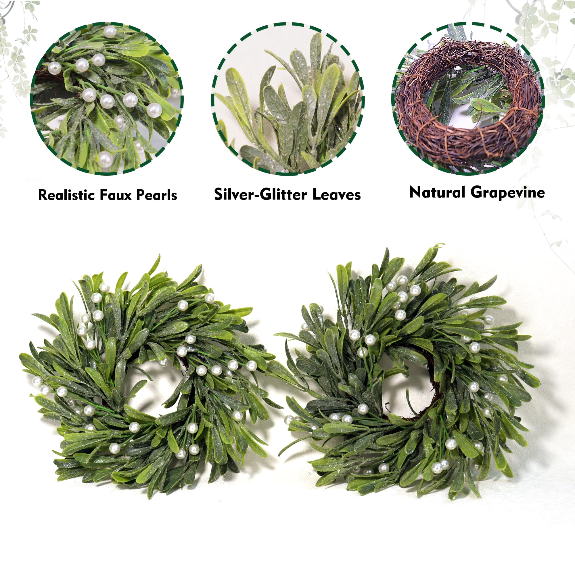 2 Pcs Faux Pearl Candle Rings Wreaths, Pillar Candle Holder with Eucalyptus Leaves, Small Boho Wreath for Door Wedding Wall Window Home Décor (Candle not Included)