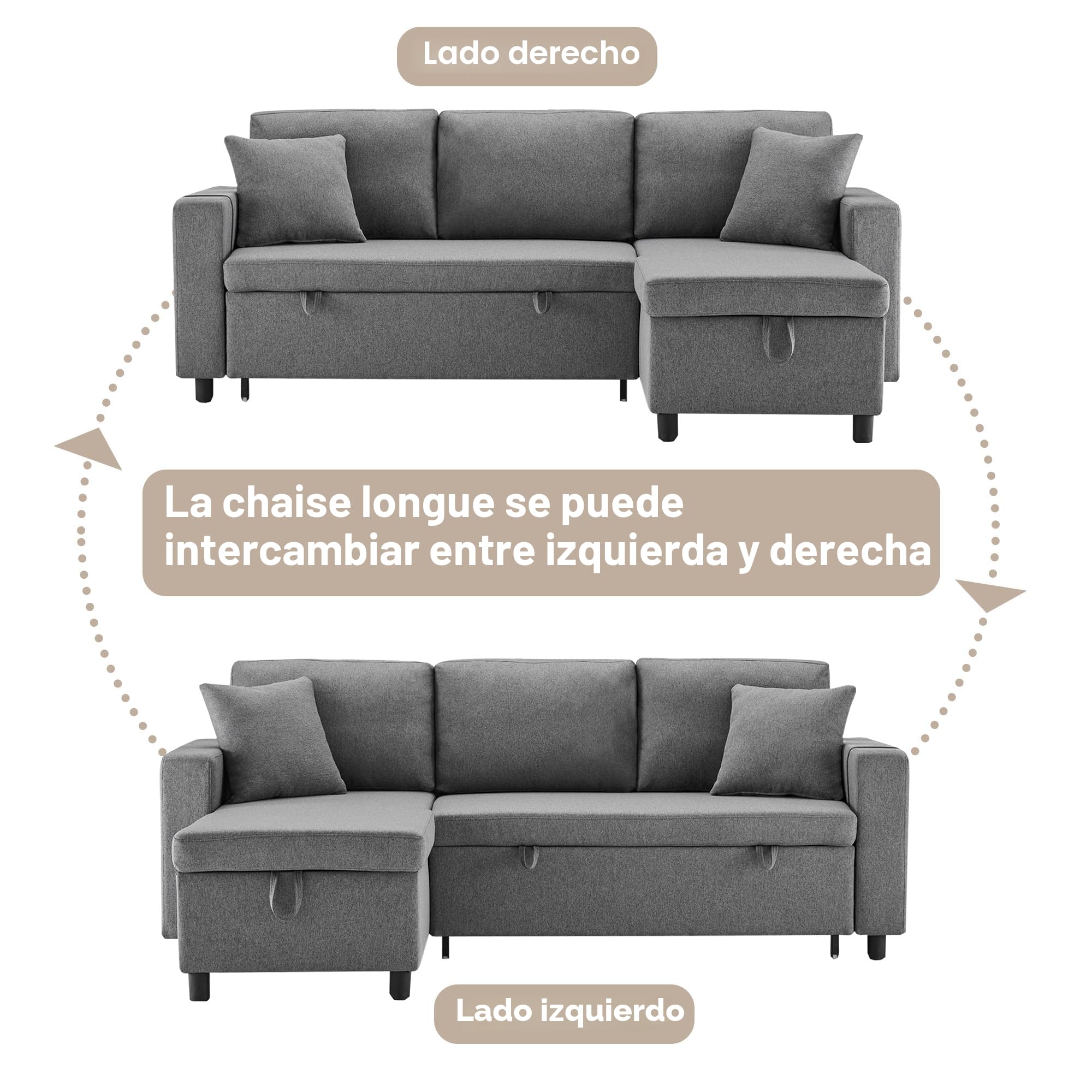 Lubvtti Sofá cama de 3 plazas, sofá de esquina en L con espacio de almacenamiento, sofá de 3 plazas con bolsillo para vasos y cojín, Lino, gris oscuro