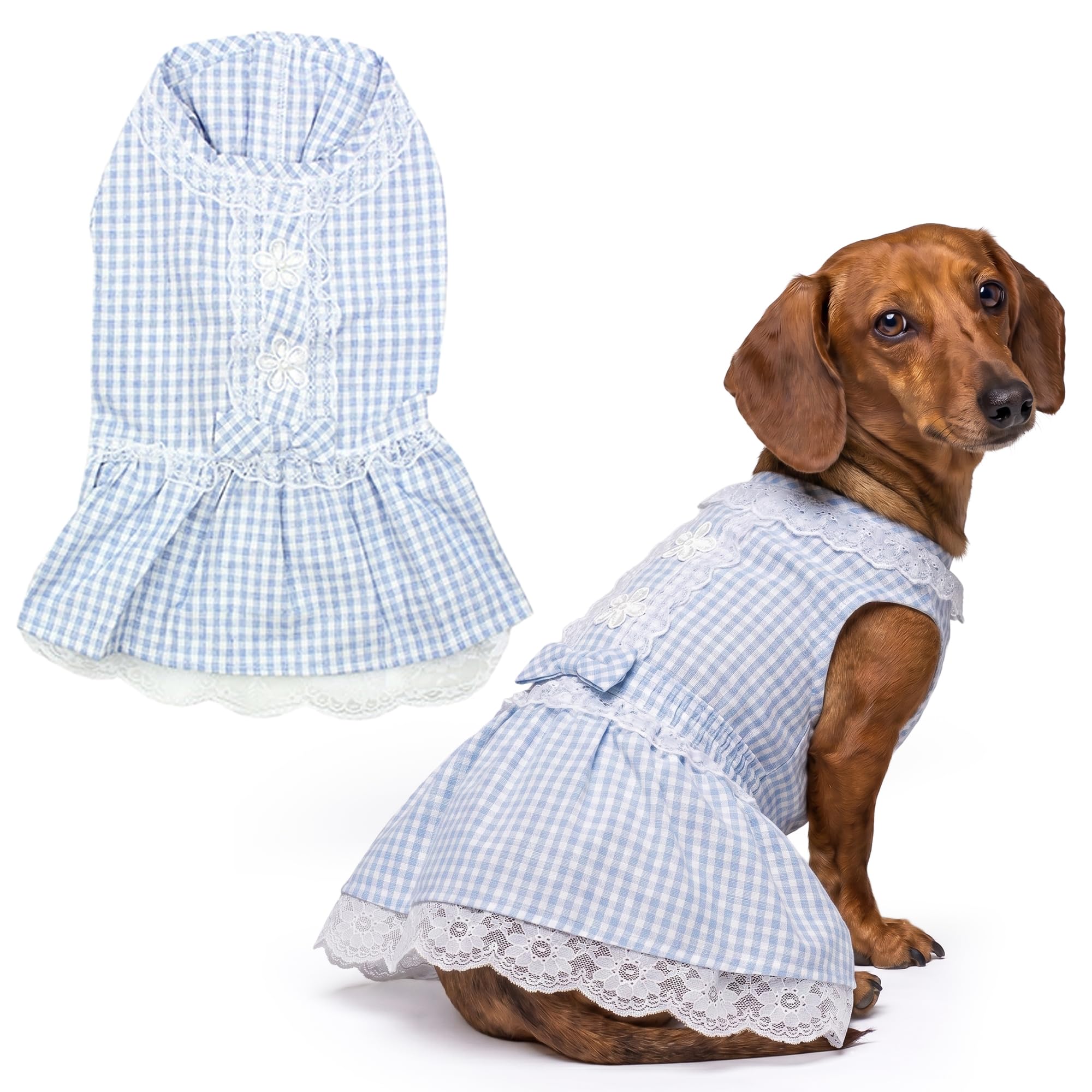 Parisian Pet Summer Dog Dress - Countryside Clothes for Large Dogs Girl - Gingham Pet Dress - Elegant Blue Dog Outfit - Lightweight Puppy Clothes - Breathable Stylish Dresses for Dogs