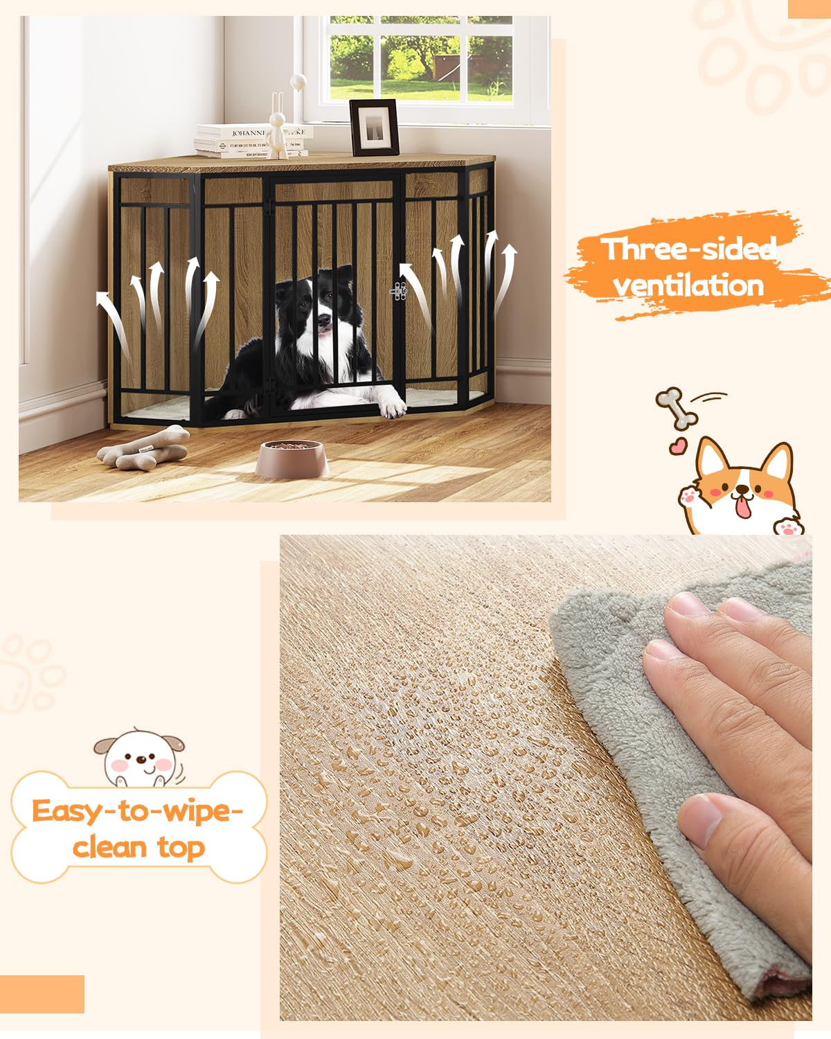 EUGAD Mobile Kennel Cane, Gabbia per Cani ad Angolo, Gabbia per Cani in Legno,Tavolo Supplemento,Sopporta di 70kg, Moderna Kennel Cane,Dog Crate Decorativa con Porta Bloccabile 111x60x67cm