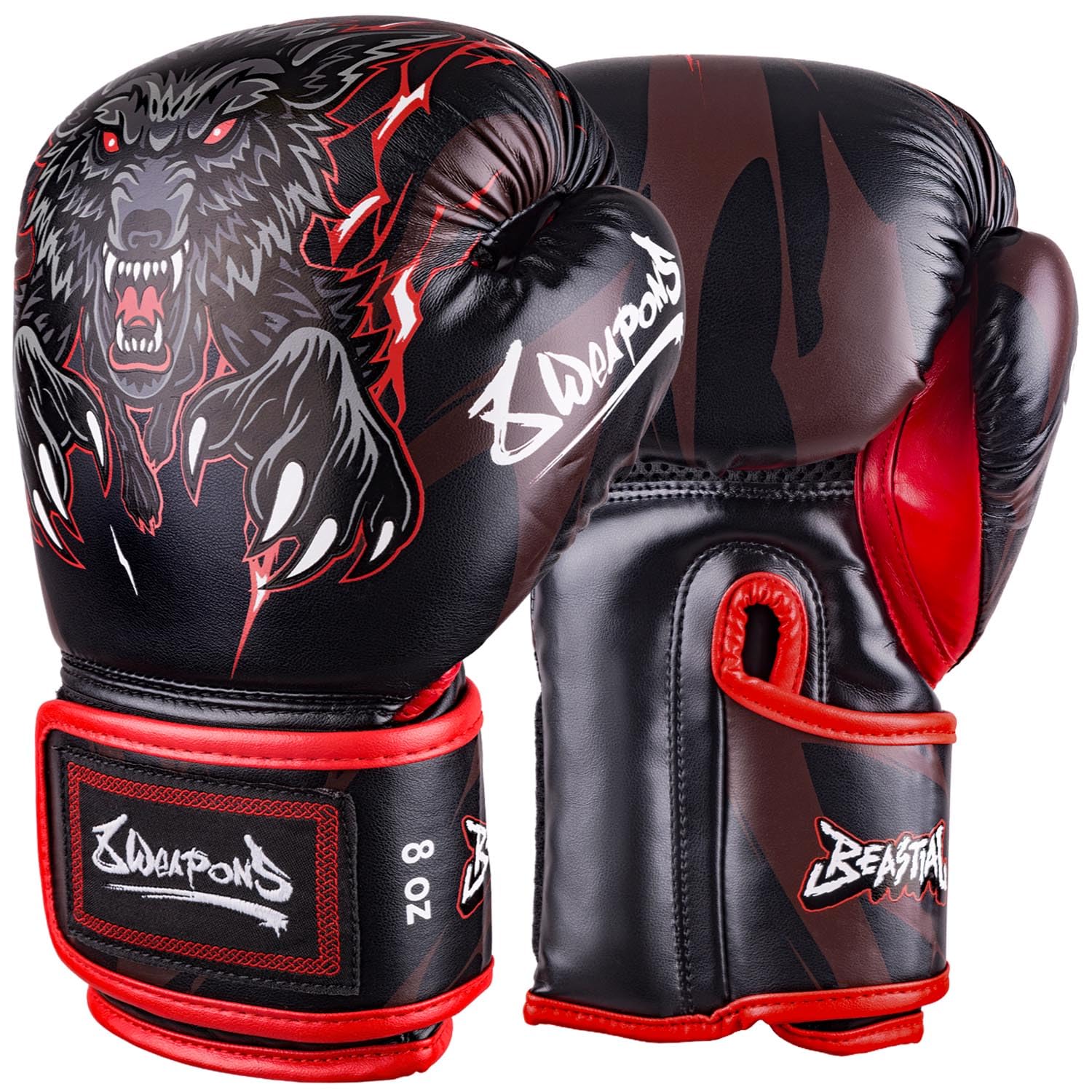 8 WEAPONS Boxhandschuhe Kinder, Beastial Wolf, Schwarz-Rot, Kinder Boxhandschuhe, Kunstleder, Perfekte Dämpfung für optimalen Schutz, Handschuhe für Muay Thai, K1, Boxen, MMA und Kickboxen