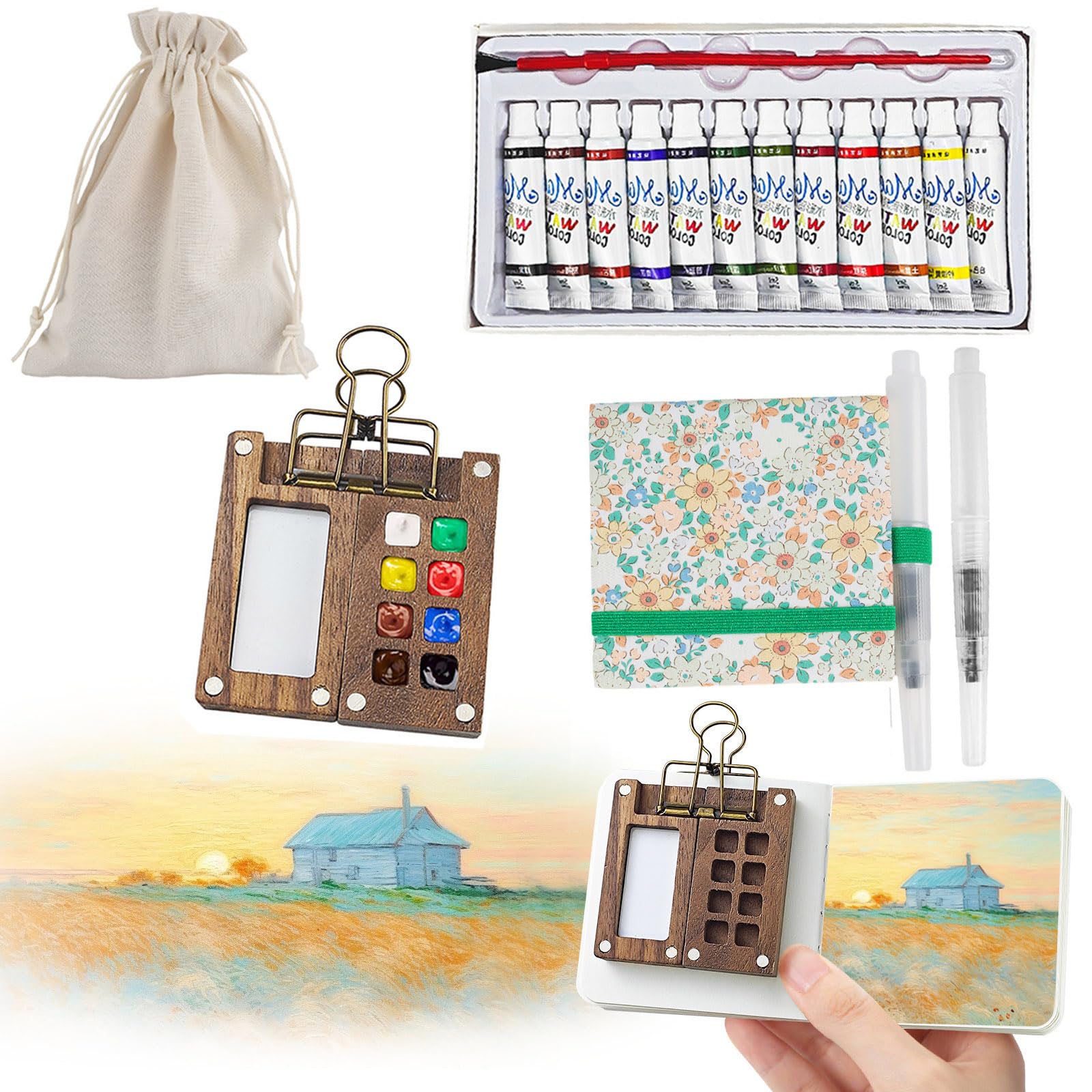 7 PCS Pocket Artist Watercolour Travel Set - 8 Grids Travel Watercolour Paint Set Portable, Mini Watercolour Paint Set Travel, Painting Set with Foldable Wooden Palette, Sketchbook, Brush (Green)