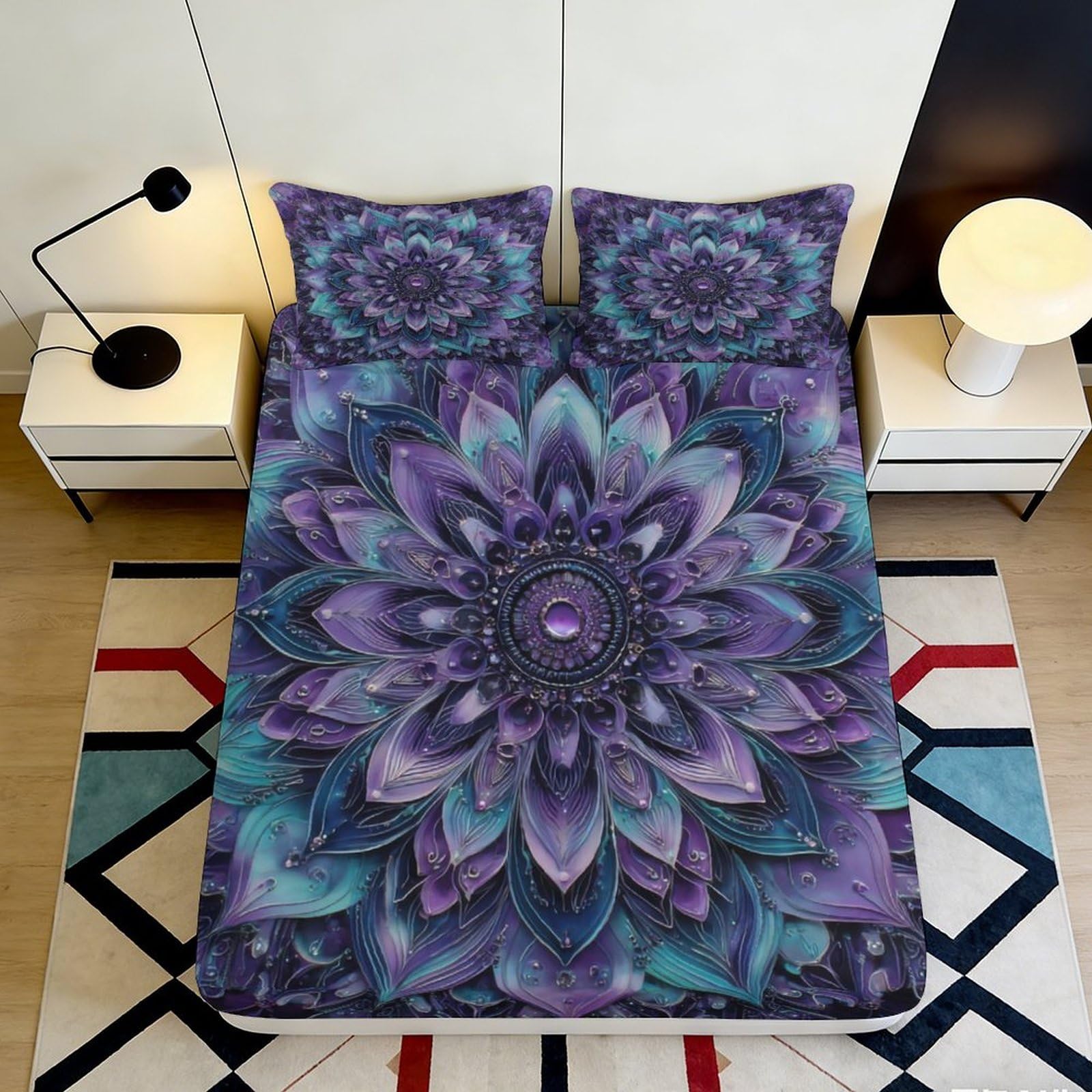 3D Printed Mandala Fitted Sheet Microfiber Deep Pocket Elastic Hem Mandala Mattress Fitted Cover Bedding Washable 200x200x25cm