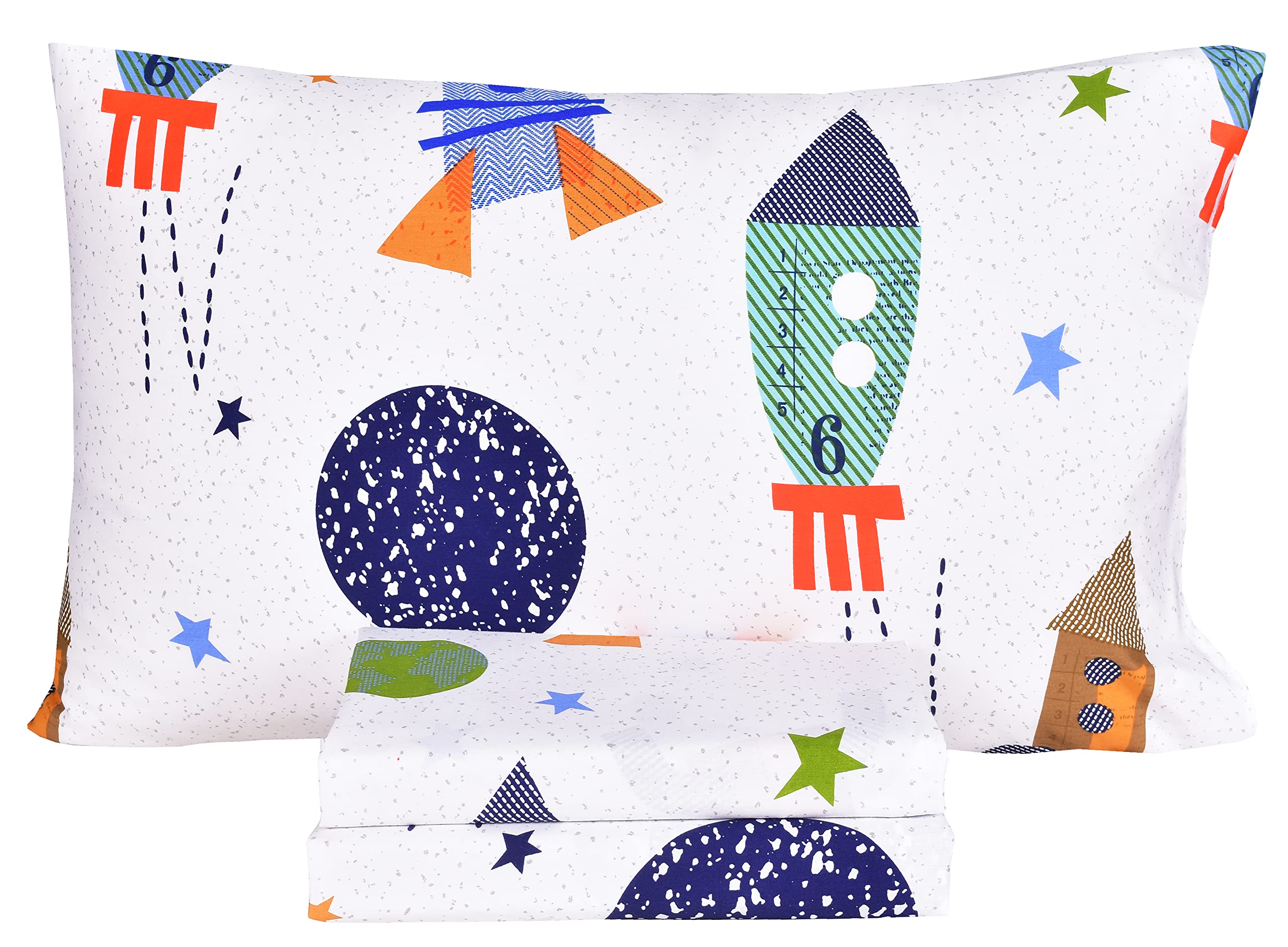 Scientific Sleep Outer Space Airship Rocket Star Explore Teen Boys Girls Cotton Cotton Twin Bed Sheet Set, Flat Sheet & Fitted Sheet & Pillowcase Bedding Set (Space, Twin)