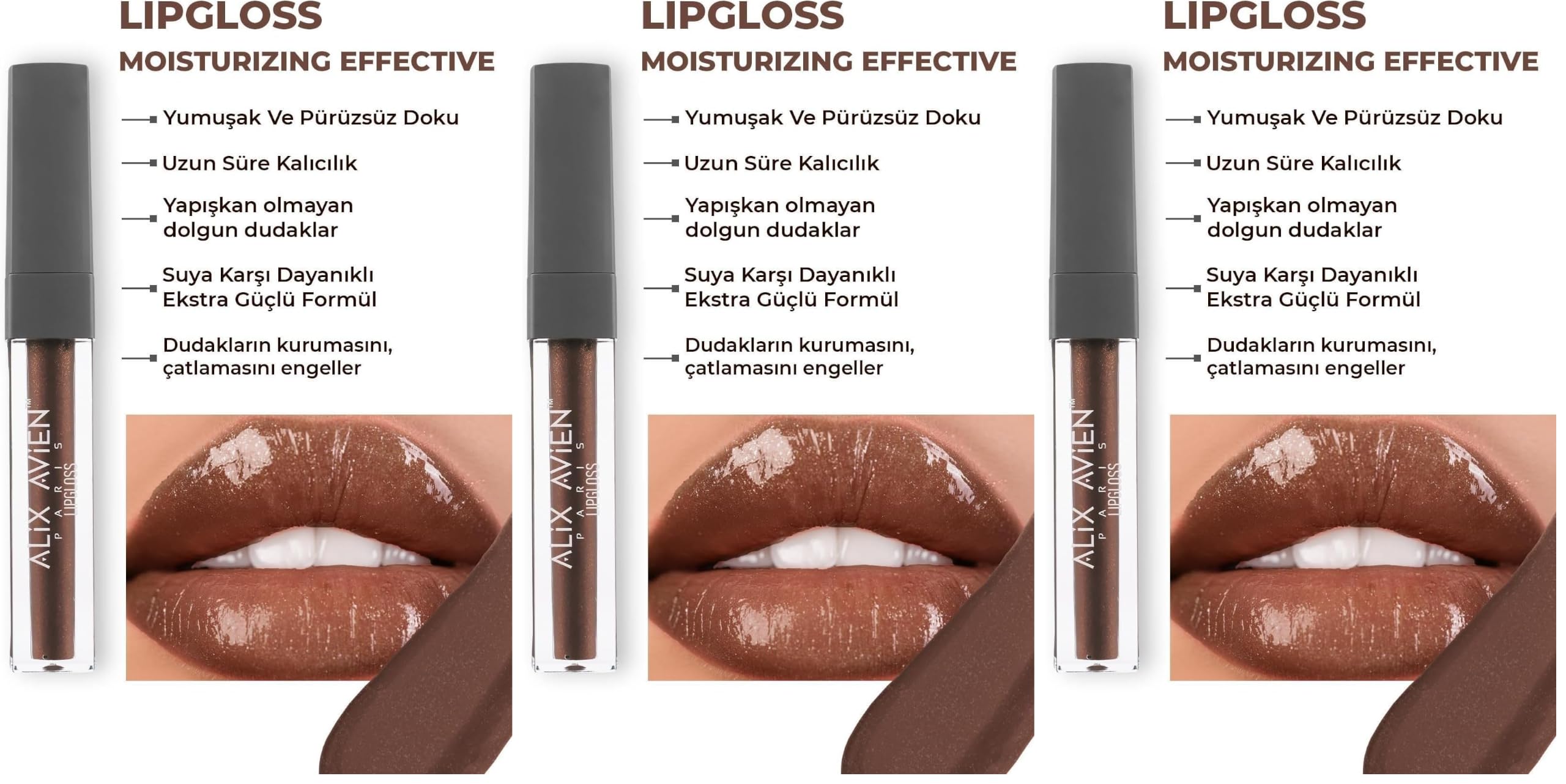 ALIX AVIEN Uzun Süre Kalıcı Yapışkan His Bırakmayan Nemlendirici Dudak Parlatıcısı - Lipgloss 11 Chocolate Kiss (3 paketi)