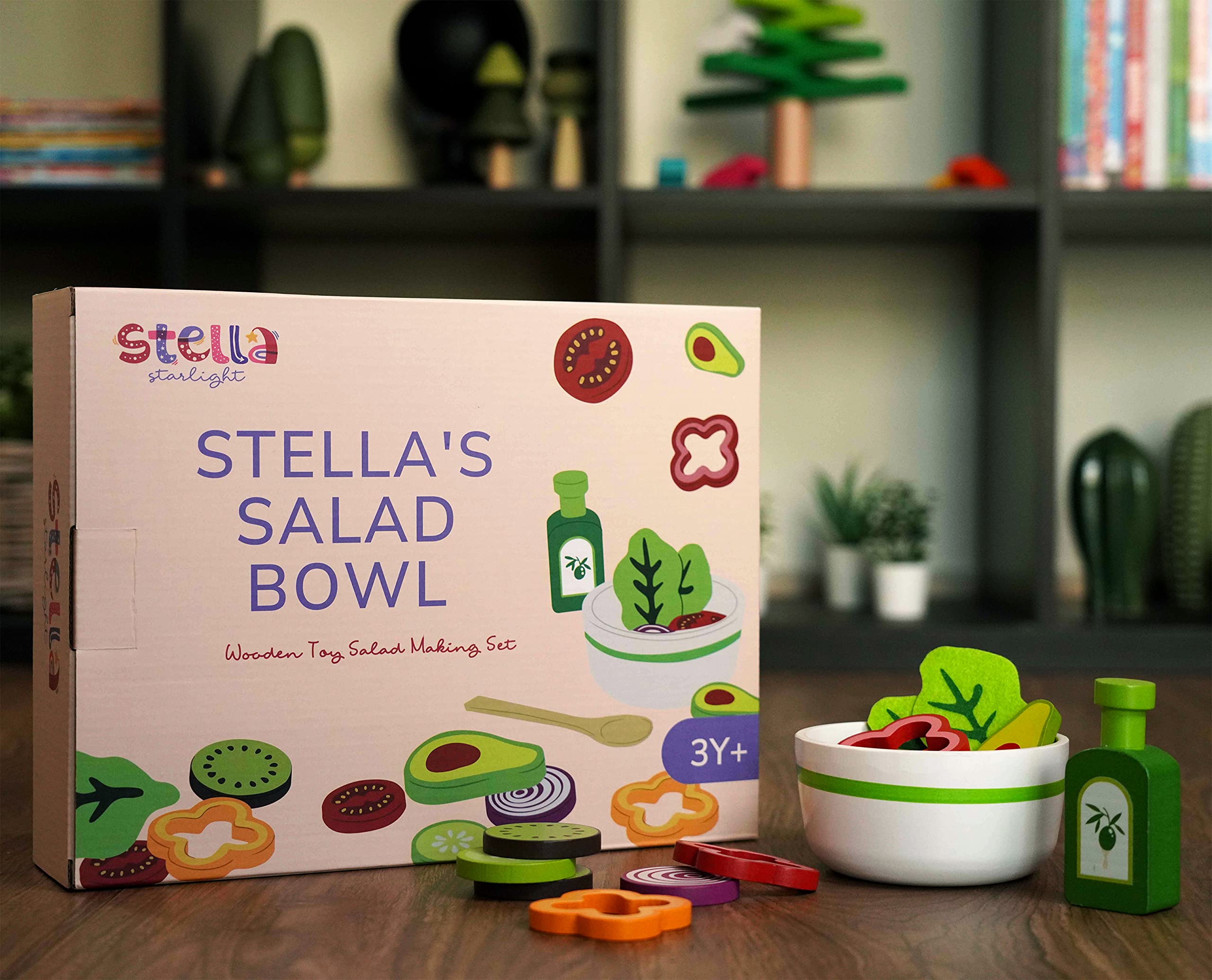 Wooden Salad Bowl Toy - Salad Making Play Food Set - 21 Pieces - Pretend Play Garden Vegetables