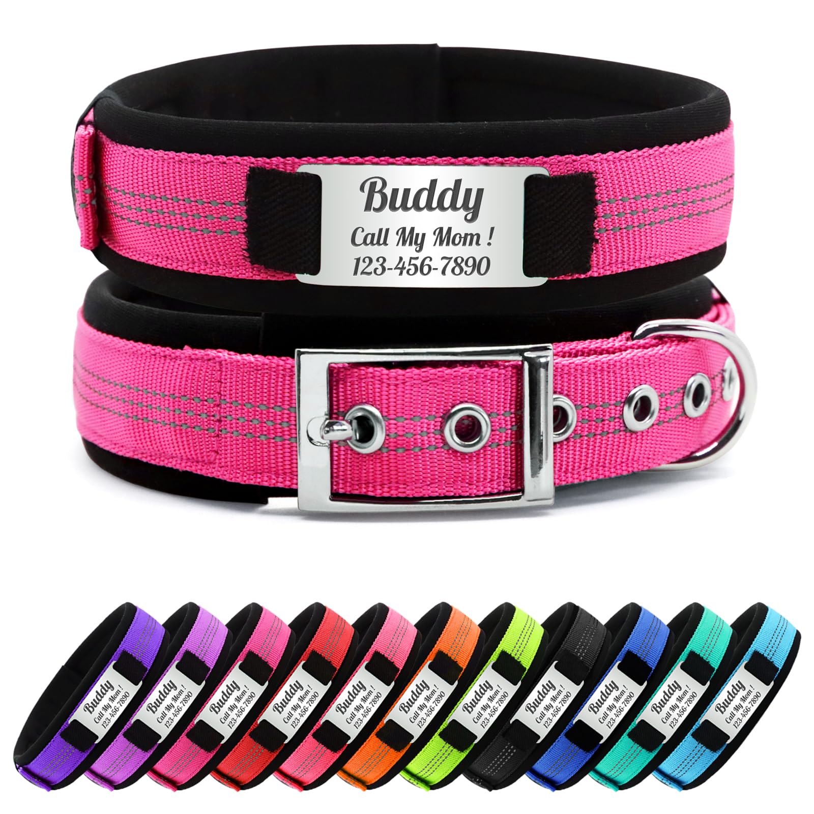 Nylon Reflective Personalised Dog Collar with Name, Customisable Dog Collar with Metal Belt Buckle, Soft Comfort for Pets - Matching Lead Available (Rose) โ image 1
