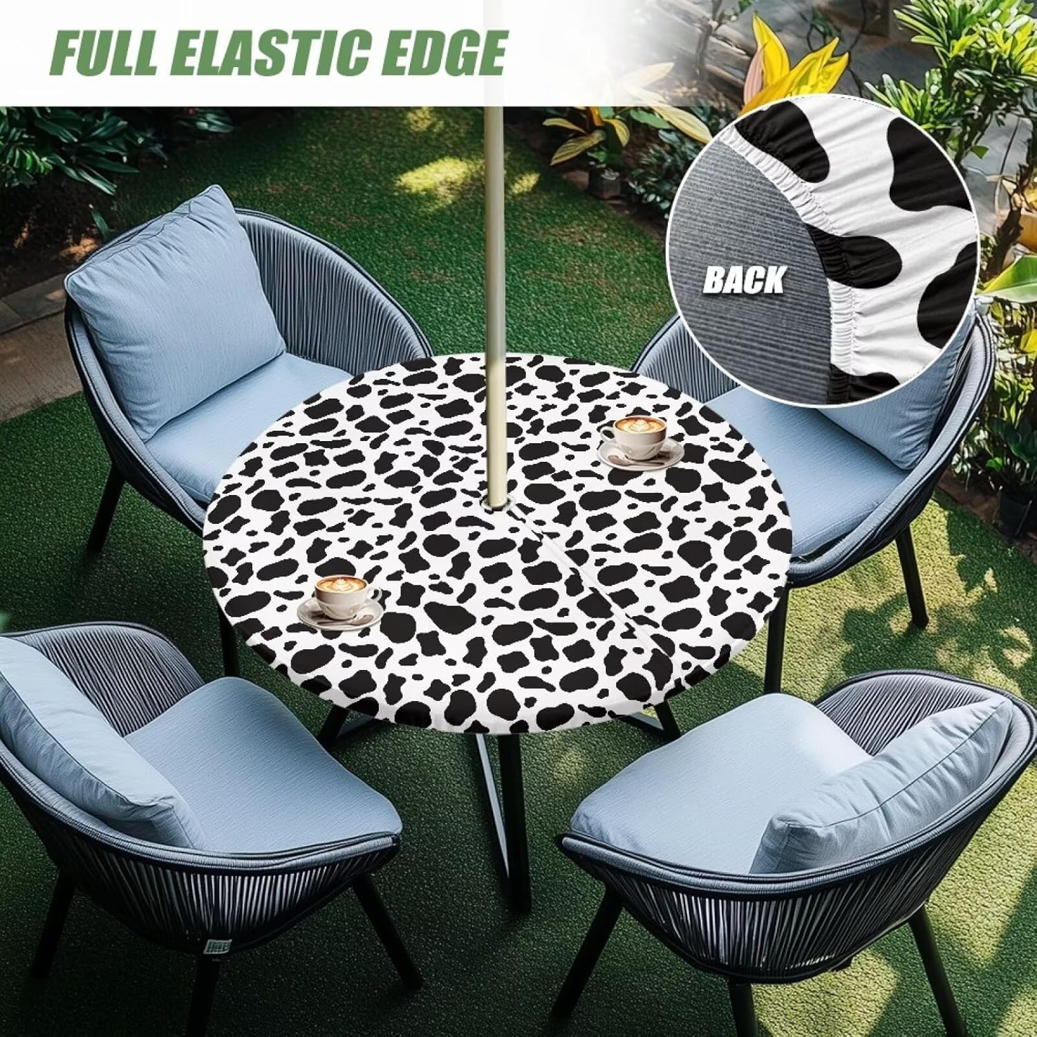 Round Tablecloth Black and White Cow Spot Pattern Polyester Wipeable Table Cover Decorative Table Cover Wipe Clean for Dining Tea Table and Outdoor