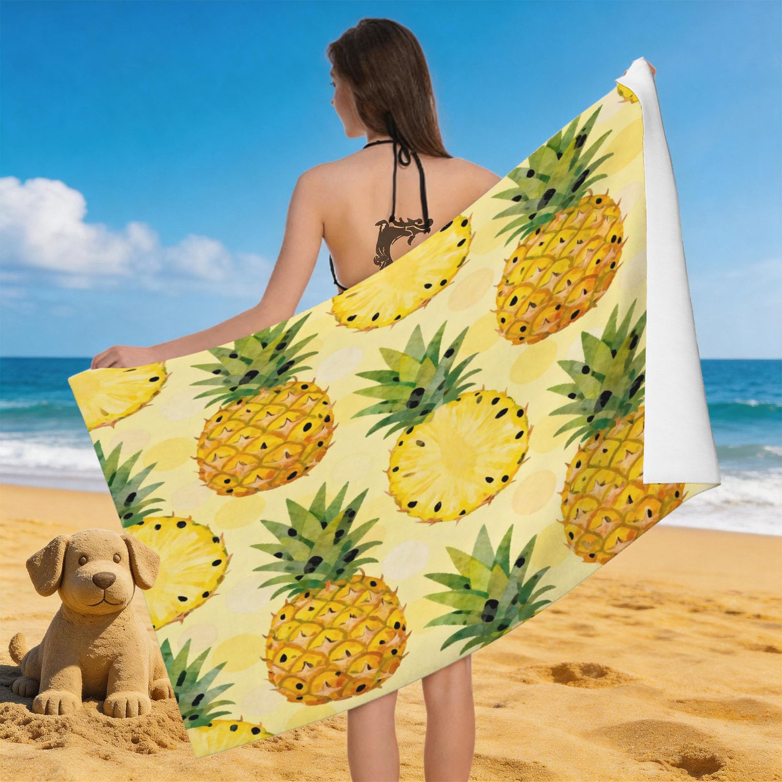 Leichong 3D Pineapple Pattern Beach Towel Large Microfiber Soft Quick Dry for Adults, Cartoon Fruit Bath Towel Lightweight Soft Absorbent for Travel Swimming Pool Sports, 80 x 160 cm