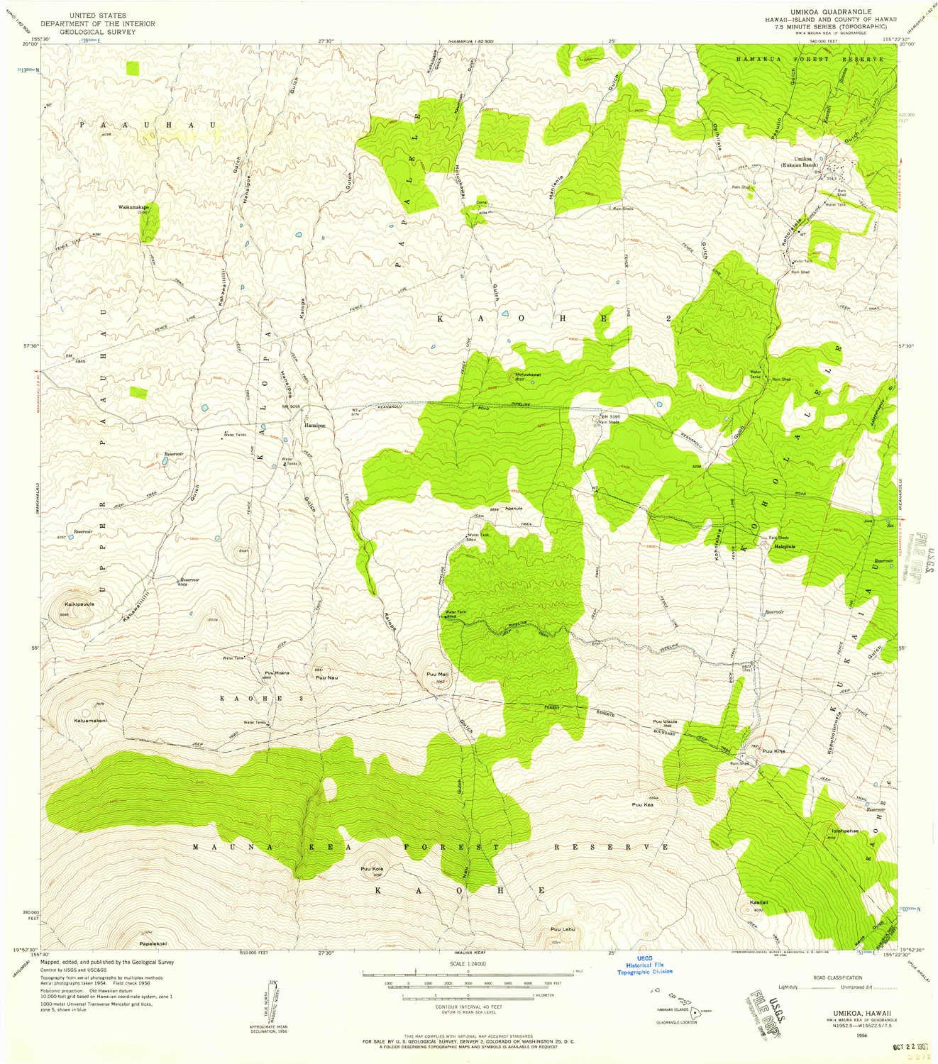 YellowMaps Umikoa HI topo map, 1:24000 Scale, 7.5 X 7.5 Minute, Historical, 1956, Updated 1957, 26.7 x 23.5 in