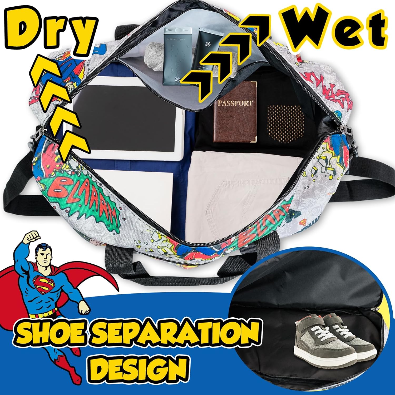 SupermanTravel Duffle Bag - Super Hero Weekend Overnight Bag with Shoulder Strap, Sports Duffel Carry-On Tote, Comic Style Travel Bag with Shoe Compartment and Wet/Dry Pocket for Men, Teens & Fans - Image 6