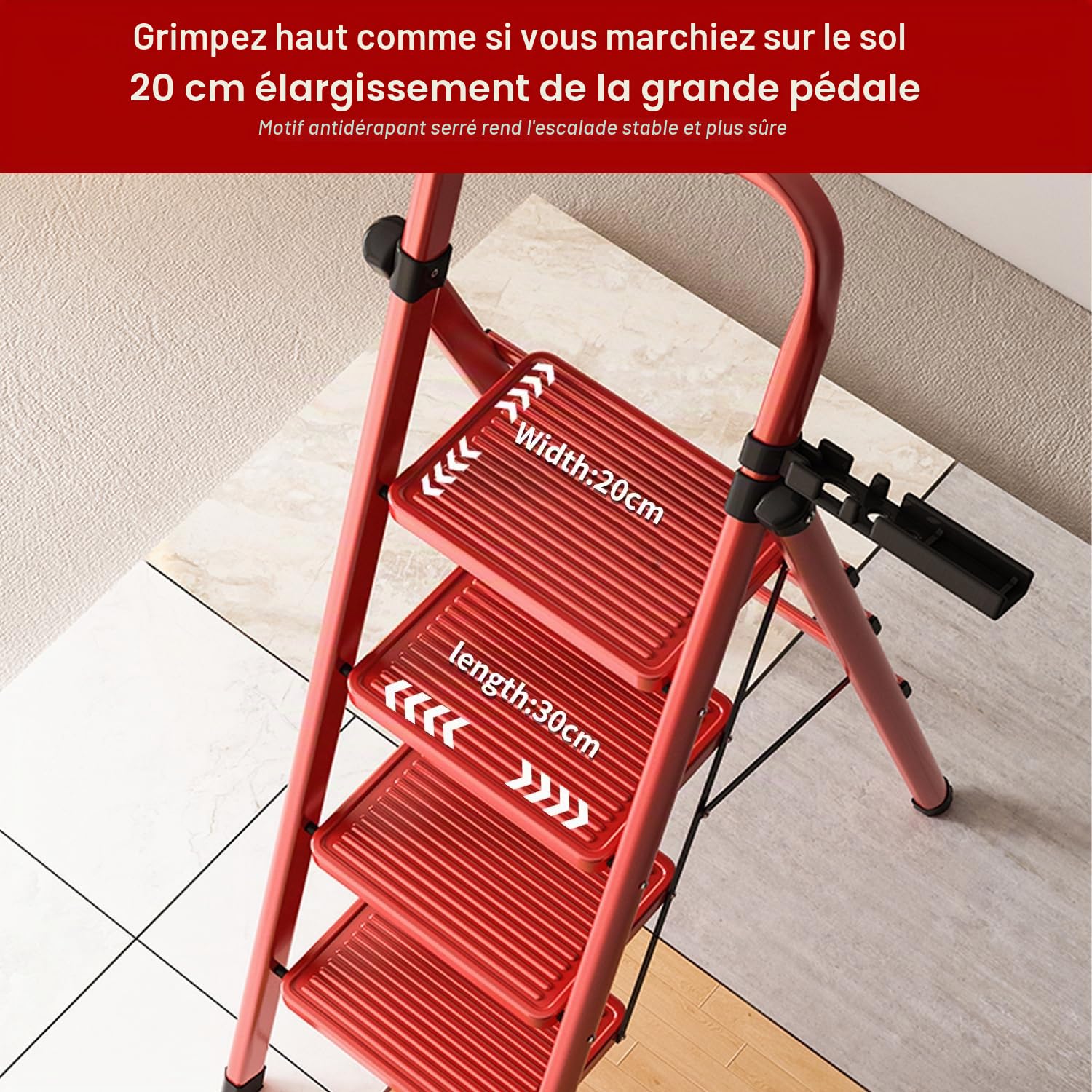 K IKIDO Escabeau pliable avec main courante, 4 marches - Antidérapant, facile à ranger - Marches larges - Convient pour la cuisine, la maison et la maison - Charge maximale : 150 kg (4 marches)